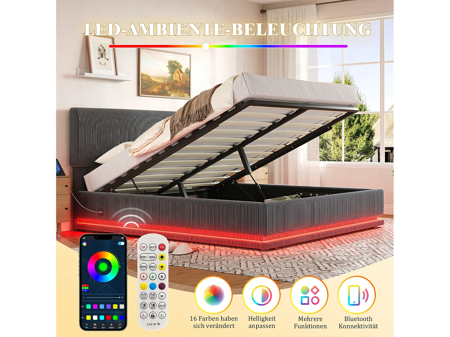 Lit double 160x200 cm avec LED, ports USB C, tête de lit réglable, grand rangement, en velours côtelé, gris foncé (Sans matelas)