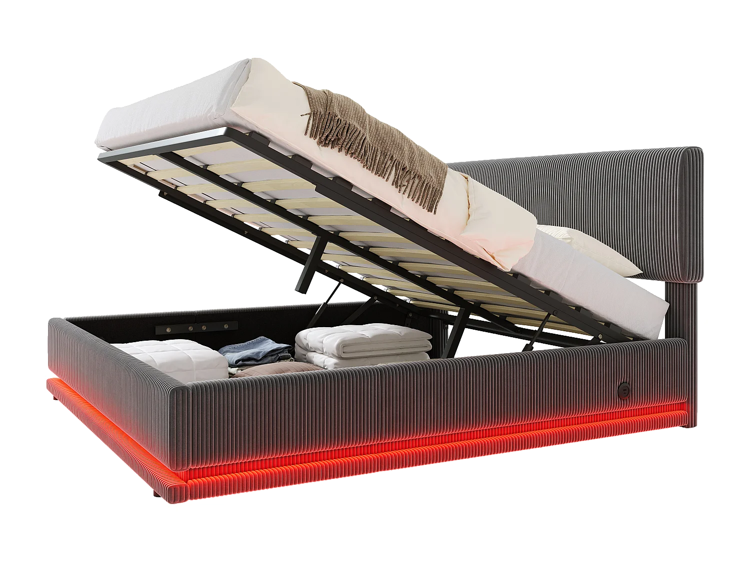 Opbergbed van 160x200 cm met ledverlichting, USB-C-oplaadfunctie en verstelbaar hoofdeinde in grijs, geschikt voor volwassenen en kinderen (matras niet inbegrepen).