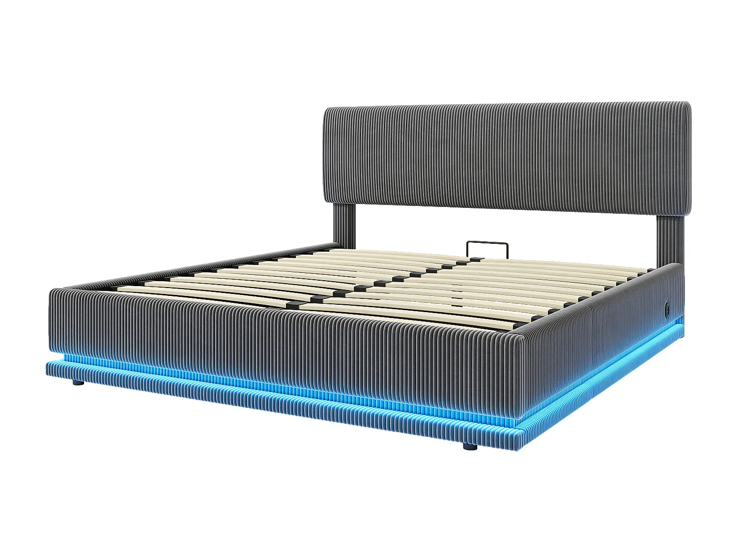 Lit double 160x200 cm avec LED, ports USB C, tête de lit réglable, grand rangement, en velours côtelé, gris foncé (Sans matelas)