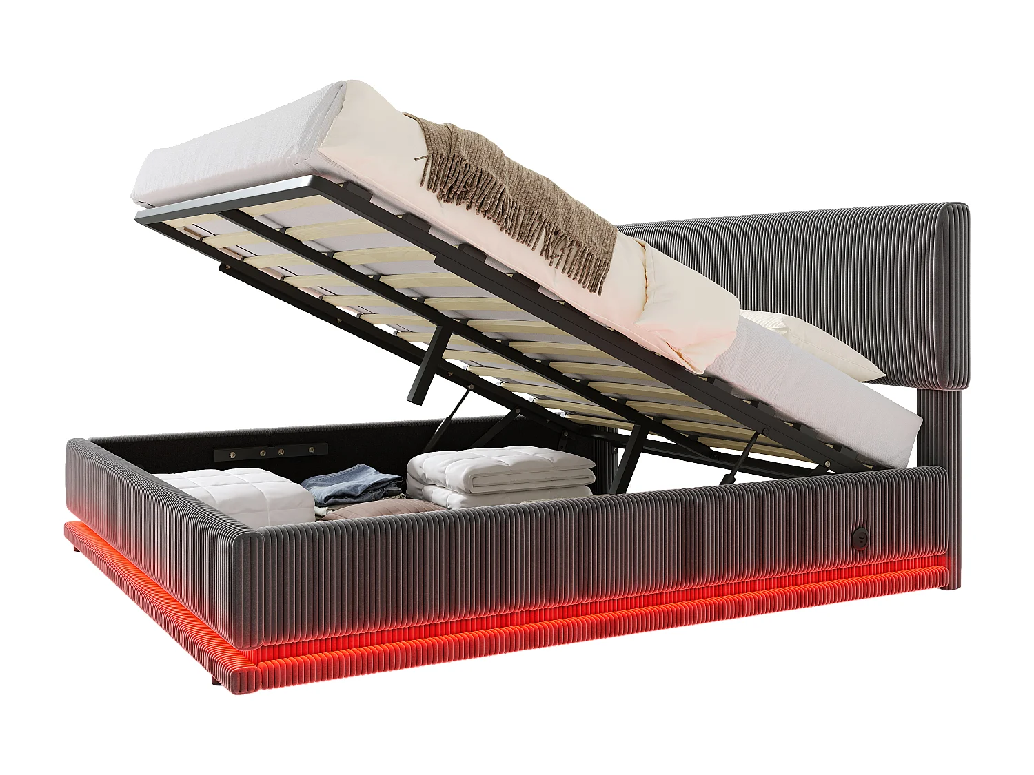 Lit double 160x200 cm avec LED, ports USB C, tête de lit réglable, grand rangement, en velours côtelé, gris foncé (Sans matelas)