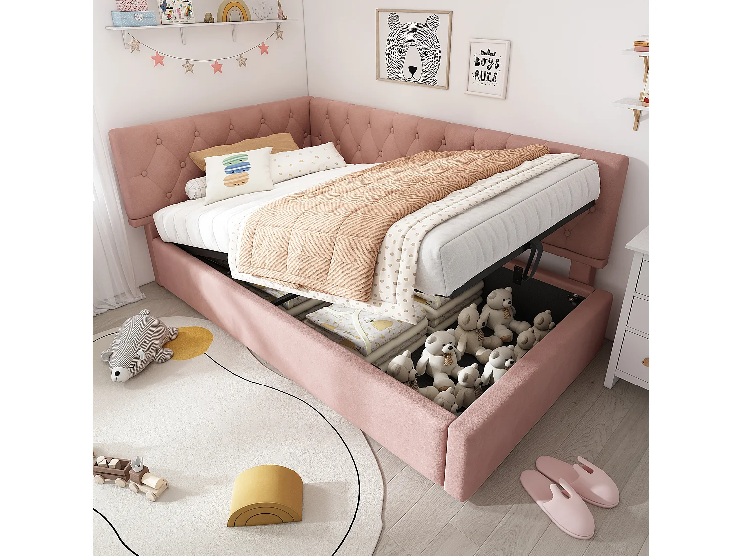 Letto per bambini 90x190 cm con testiera reversibile, con vano contenitore idraulico, in velluto, rosa (Senza materasso)