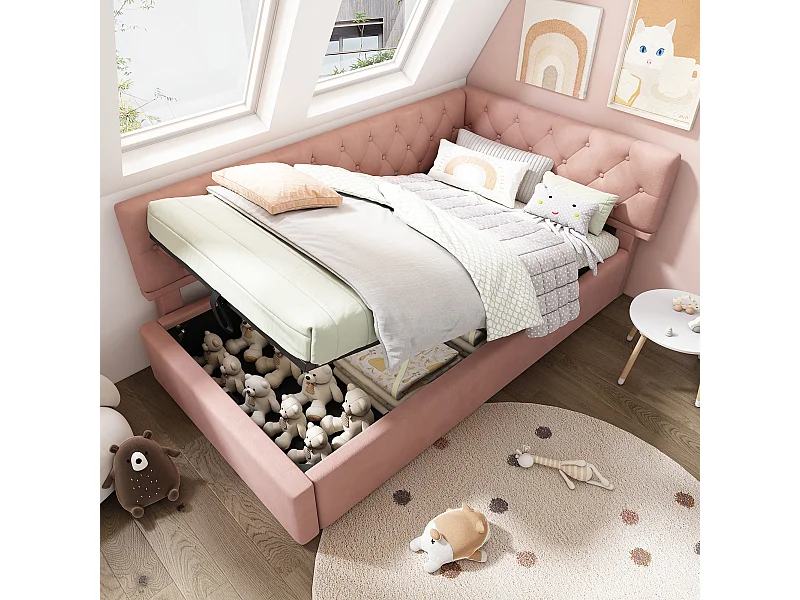 Kinderbed met opbergruimte 90x190cm met lattenbodem - gewatteerd hoofdeinde - metalen bedframe - roze fluweel (zonder matras)