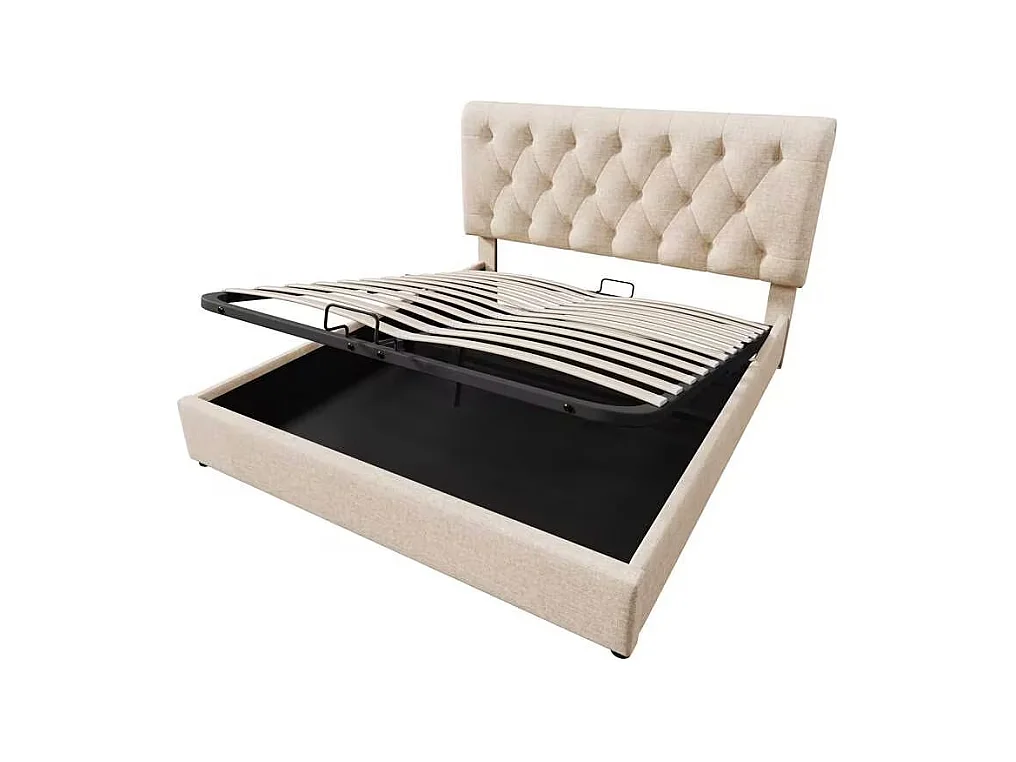 Lit coffre adulte 140x200 cm avec sommier - tête de lit réglable en hauteur - tissu lin - couleur naturelle (sans matelas)