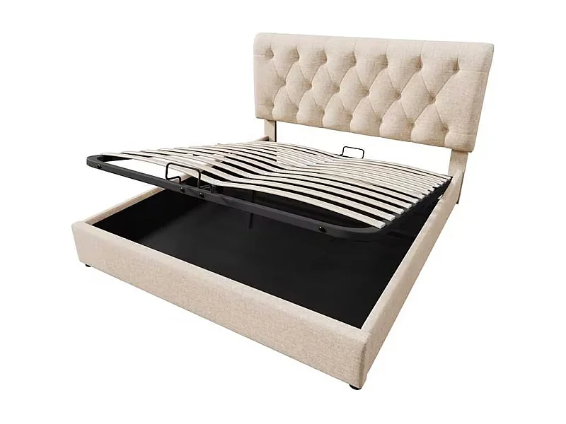 Volwassen opbergbed 140x200 cm met lattenbodem - in hoogte verstelbaar hoofdeinde - linnen stof - natuurlijke kleur (zonder matras)