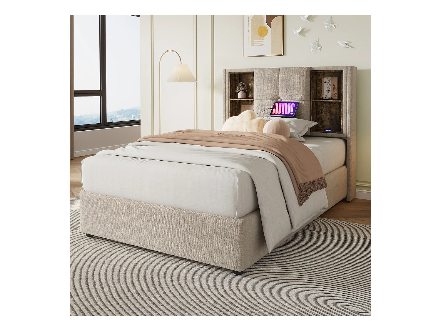 Lit enfant 90x200cm avec sommier - tête de lit avec USB et rangement - tissu lin - naturel (sans matelas)