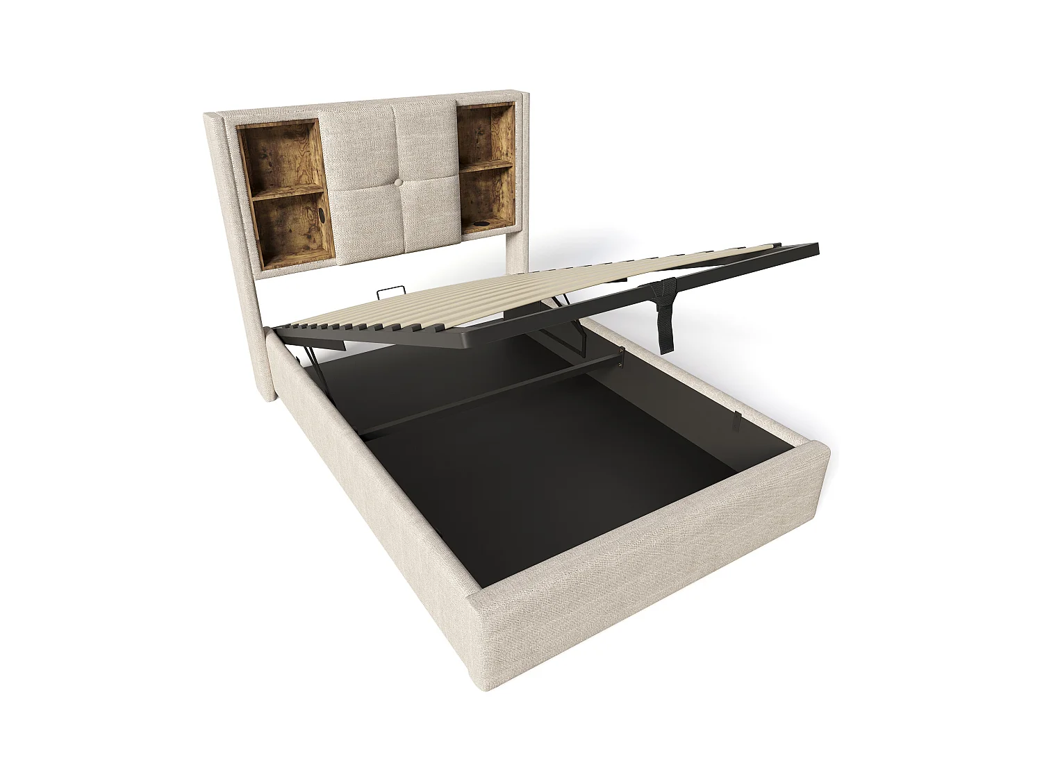 Lit coffre enfant 90x200cm avec sommier - tête de lit avec USB et rangement - tissu lin - naturel (sans matelas)