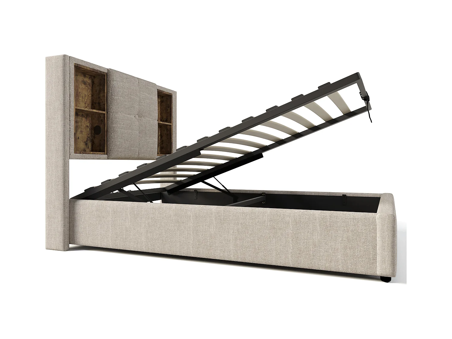 Lit coffre enfant 90x200cm avec sommier - tête de lit avec USB et rangement - tissu lin - naturel (sans matelas)