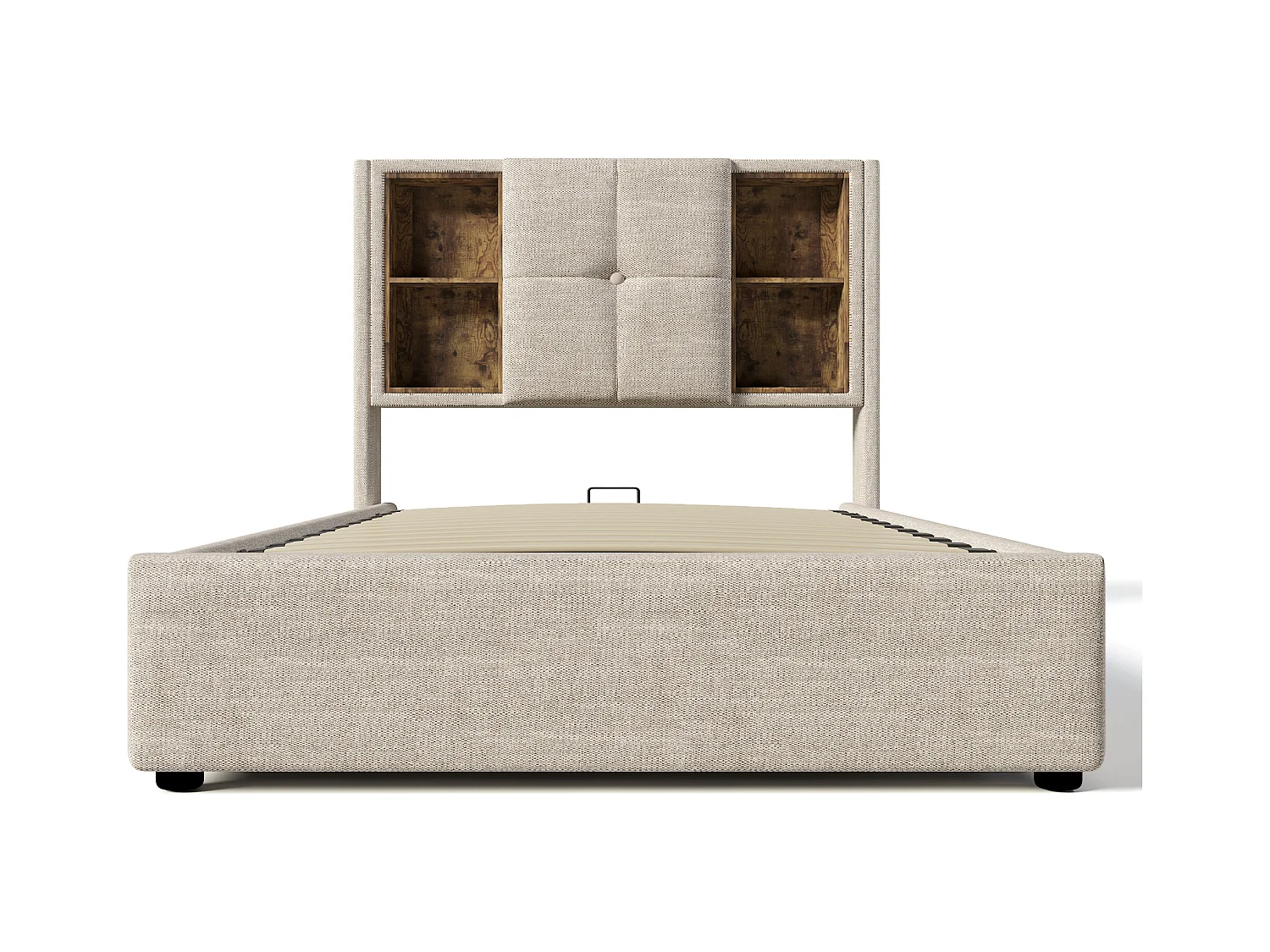 Lit coffre enfant 90x200cm avec sommier - tête de lit avec USB et rangement - tissu lin - naturel (sans matelas)