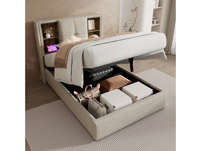 Lit enfant 90x200cm avec sommier - tête de lit avec USB et rangement - tissu lin - naturel (sans matelas)