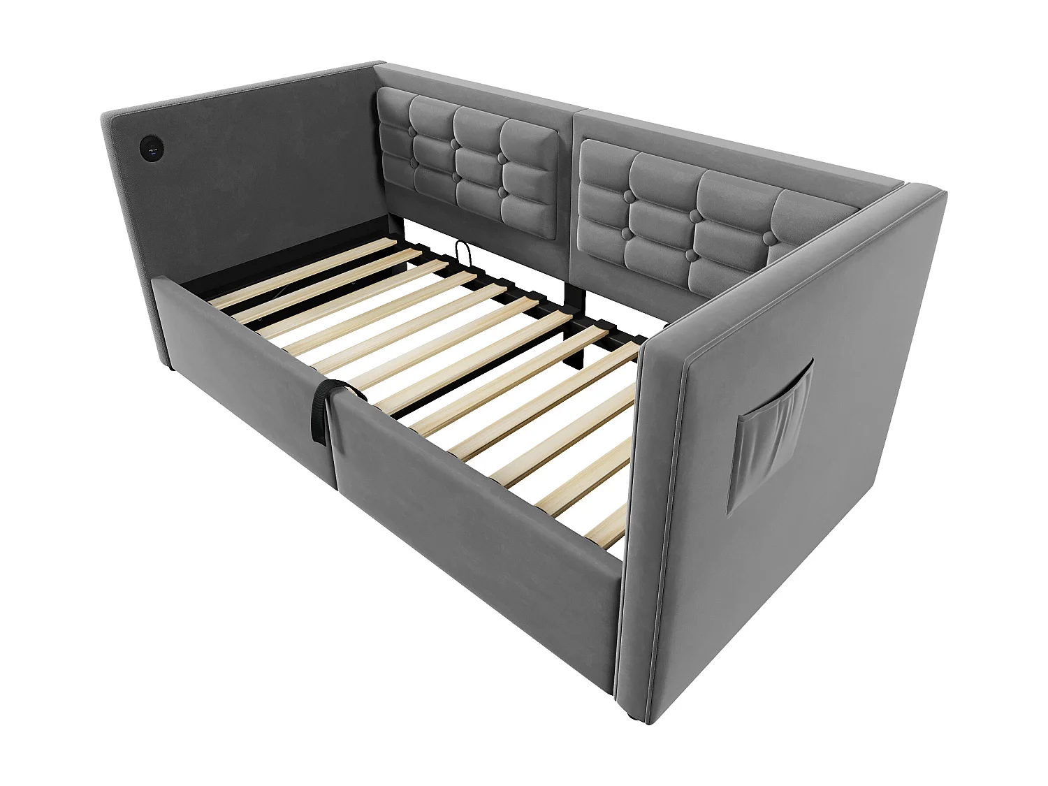 Lit coffre 90x190 cm avec rangement hydraulique et station USB Type C, sommier à lattes en bois, velours, gris (Sans matelas)