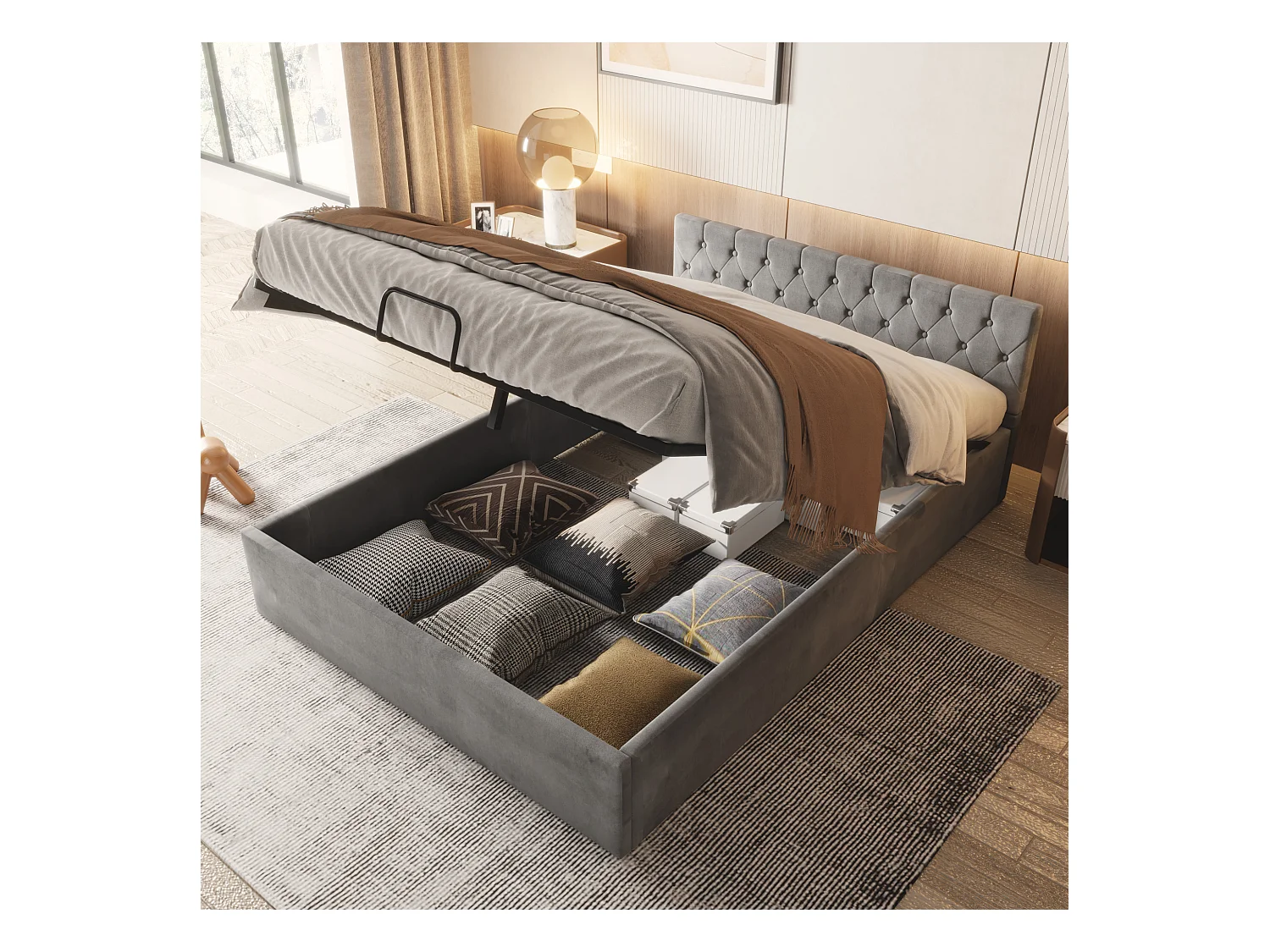 Lit coffre adulte 140x200 cm avec sommier à lattes - tête de lit rembourré et velours - gris (sans matelas)