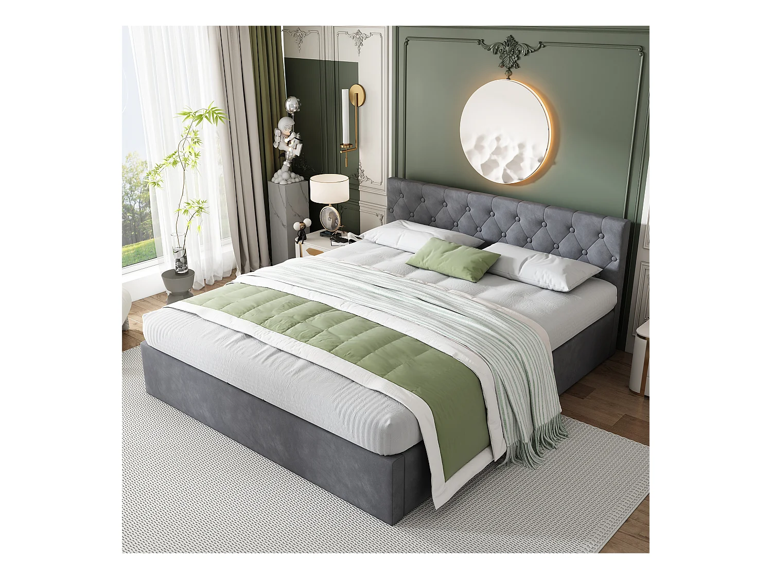 Lit coffre adulte 140x200 cm avec sommier à lattes - tête de lit rembourré et velours - gris (sans matelas)