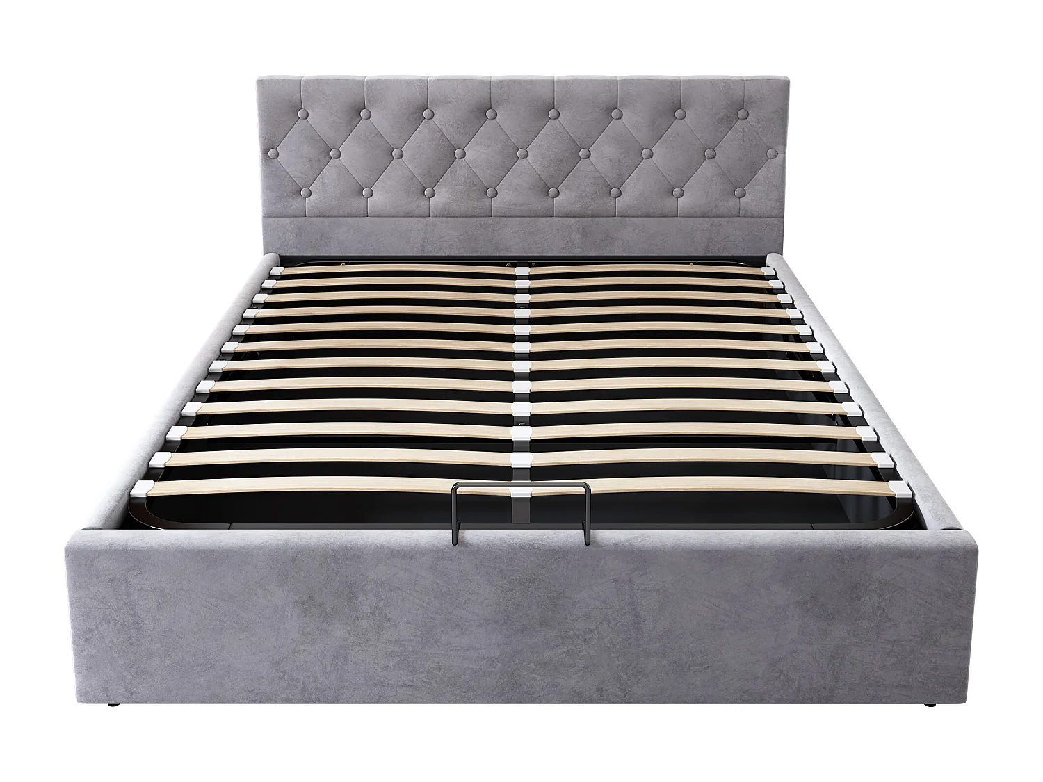 Lit coffre adulte 140x200 cm avec sommier à lattes - tête de lit rembourré et velours - gris (sans matelas)