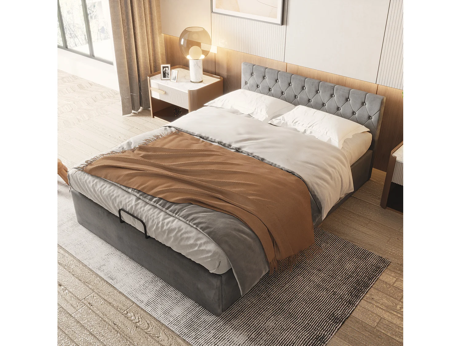 Lit coffre adulte 140x200 cm avec sommier à lattes - tête de lit rembourré et velours - gris (sans matelas)