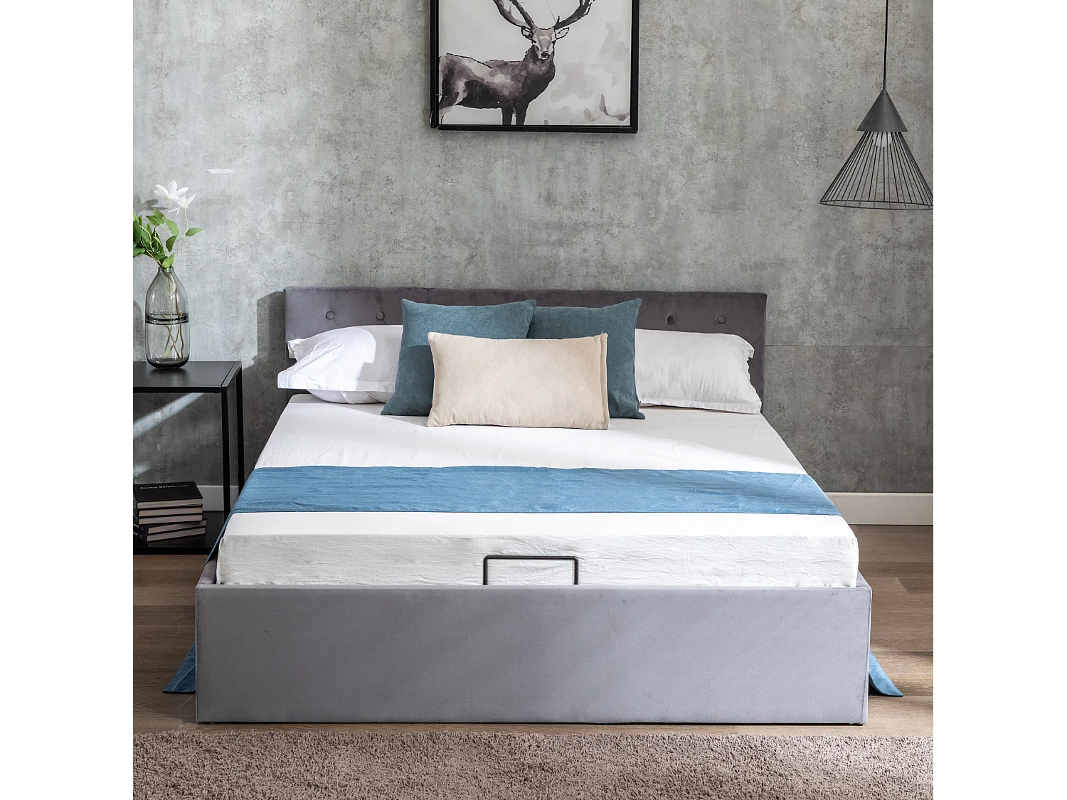 Lit coffre 140x200 cm avec sommier à lattes - tête de lit rembourré et velours - gris (sans matelas)