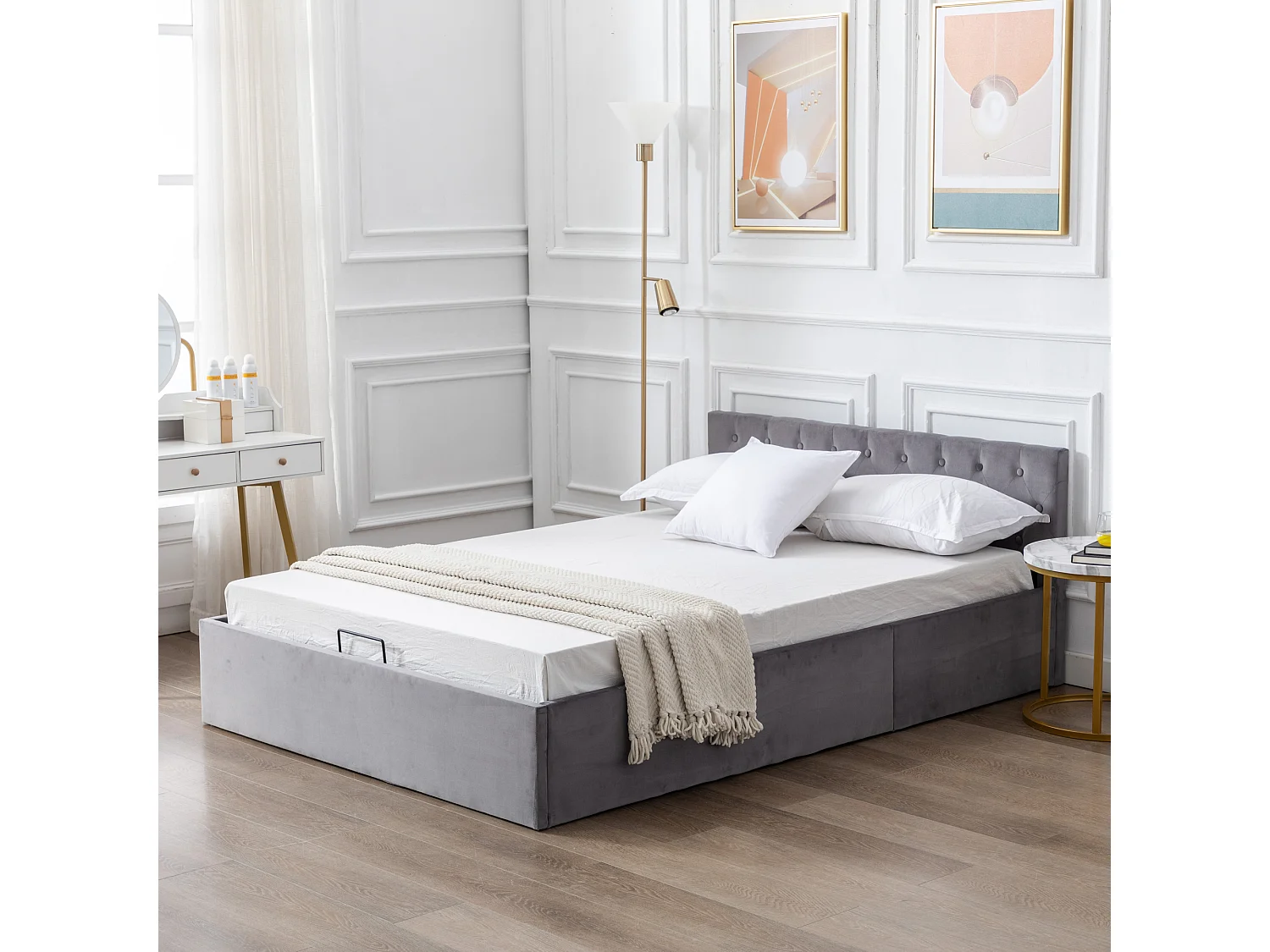 Opbergbed 140x200 cm met gewatteerd hoofdbord, met lattenbodem, fluweel, grijs (zonder matras)