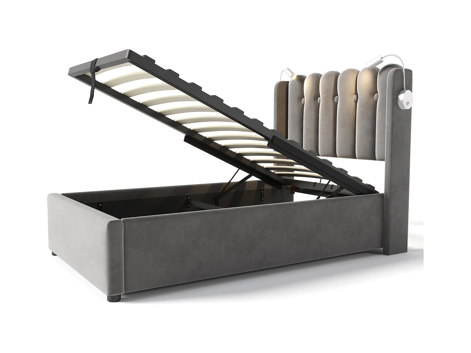 Lit enfant 90x200 cm avec sommier - tête de lit rembourré USB et lumière - velours gris (sans matelas)
