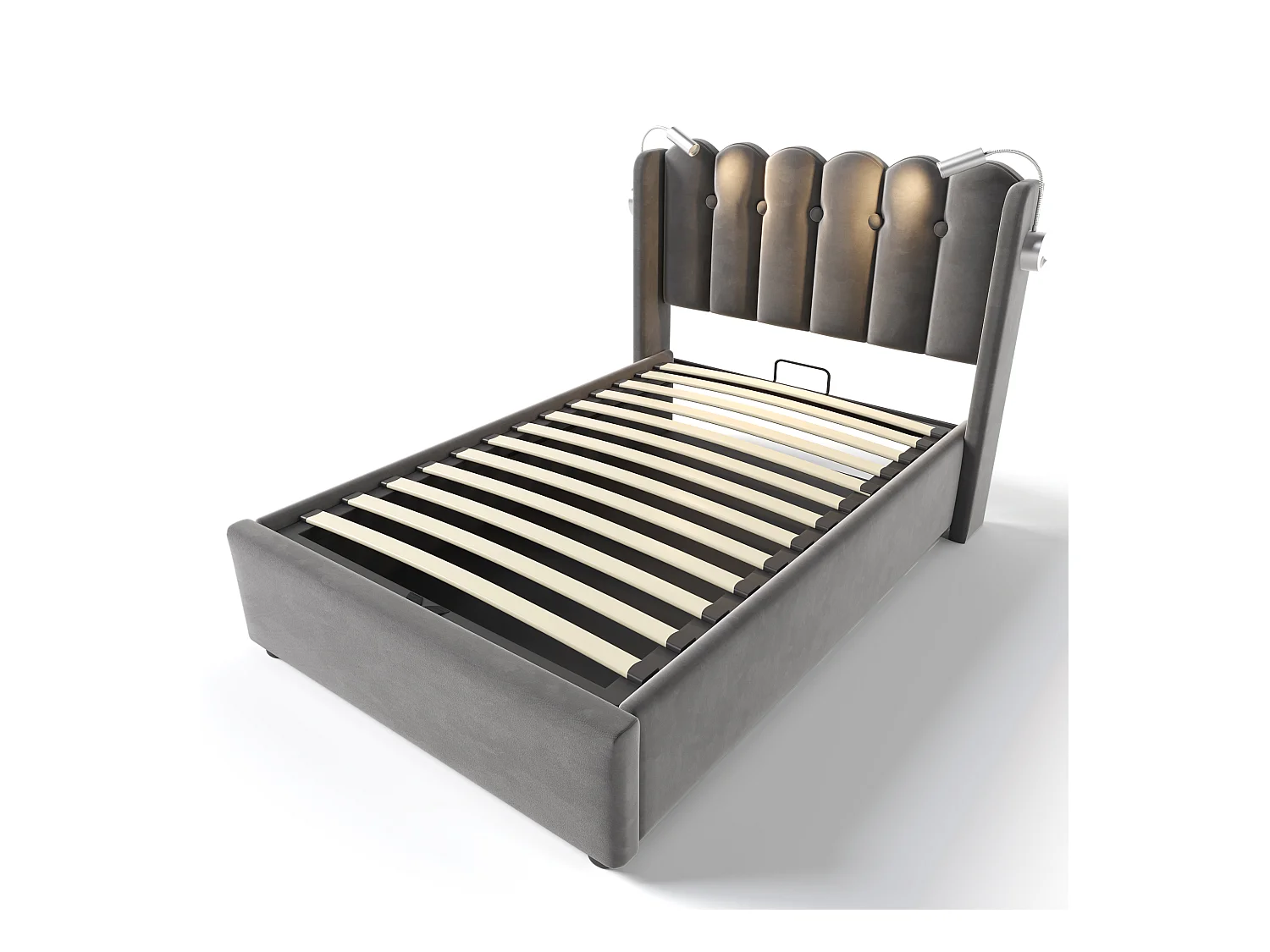 Lit enfant 90x200 cm avec sommier - tête de lit rembourré USB et lumière - velours gris (sans matelas)