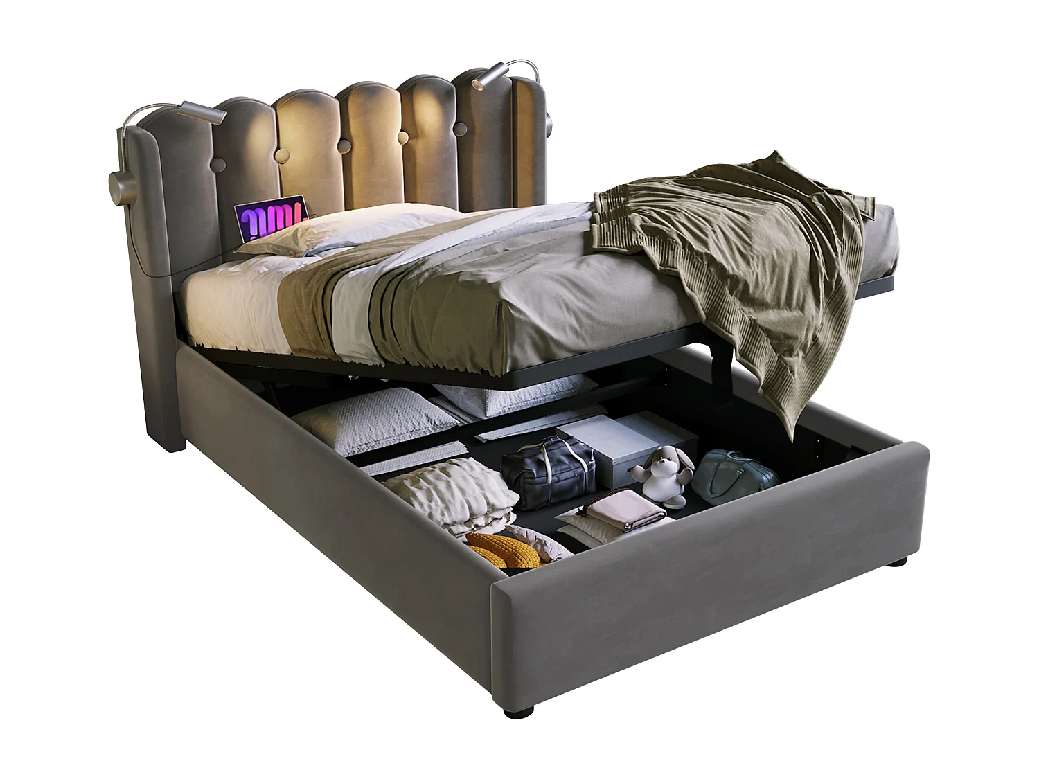 Lit enfant 90x200 cm avec sommier - tête de lit rembourré USB et lumière - velours gris (sans matelas)
