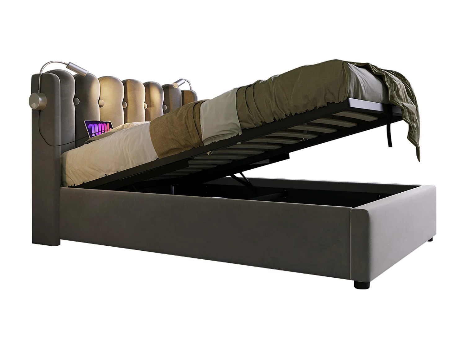 Lit enfant 90x200 cm avec sommier - tête de lit rembourré USB et lumière - velours gris (sans matelas)