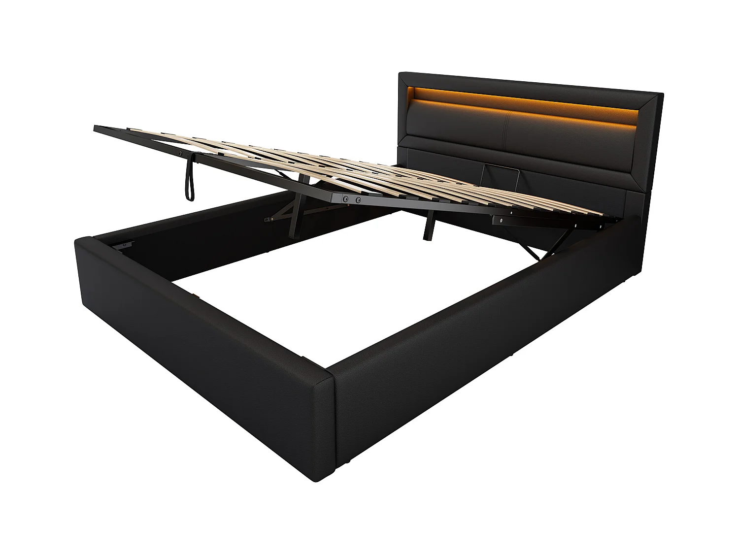 Lit coffre adulte 140x200 cm avec sommier à lattes - tête de lit capitonnée et LED - similicuir - noir (sans matelas)