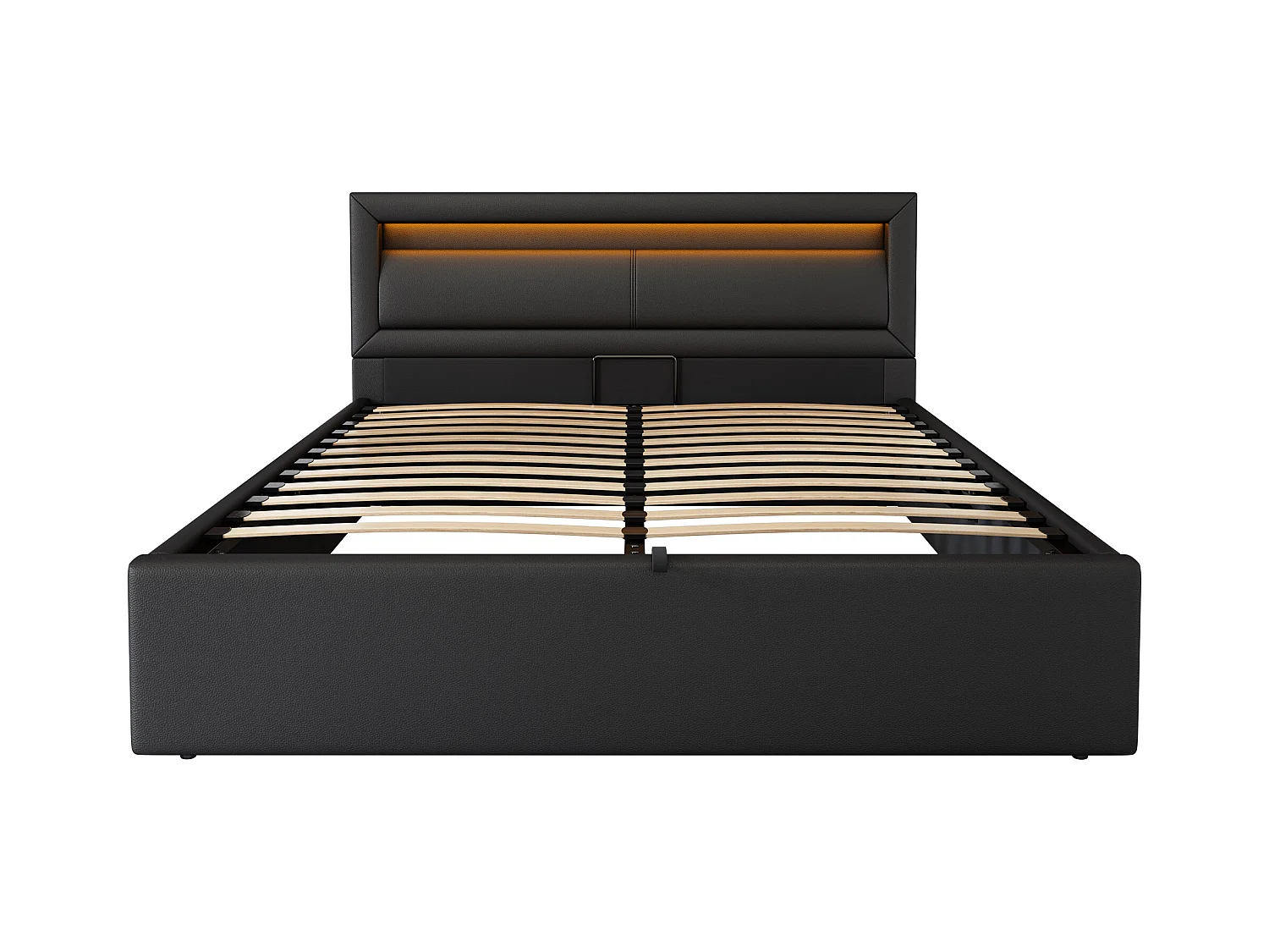 Lit coffre adulte 140x200 cm avec sommier à lattes - tête de lit capitonnée et LED - similicuir - noir (sans matelas)