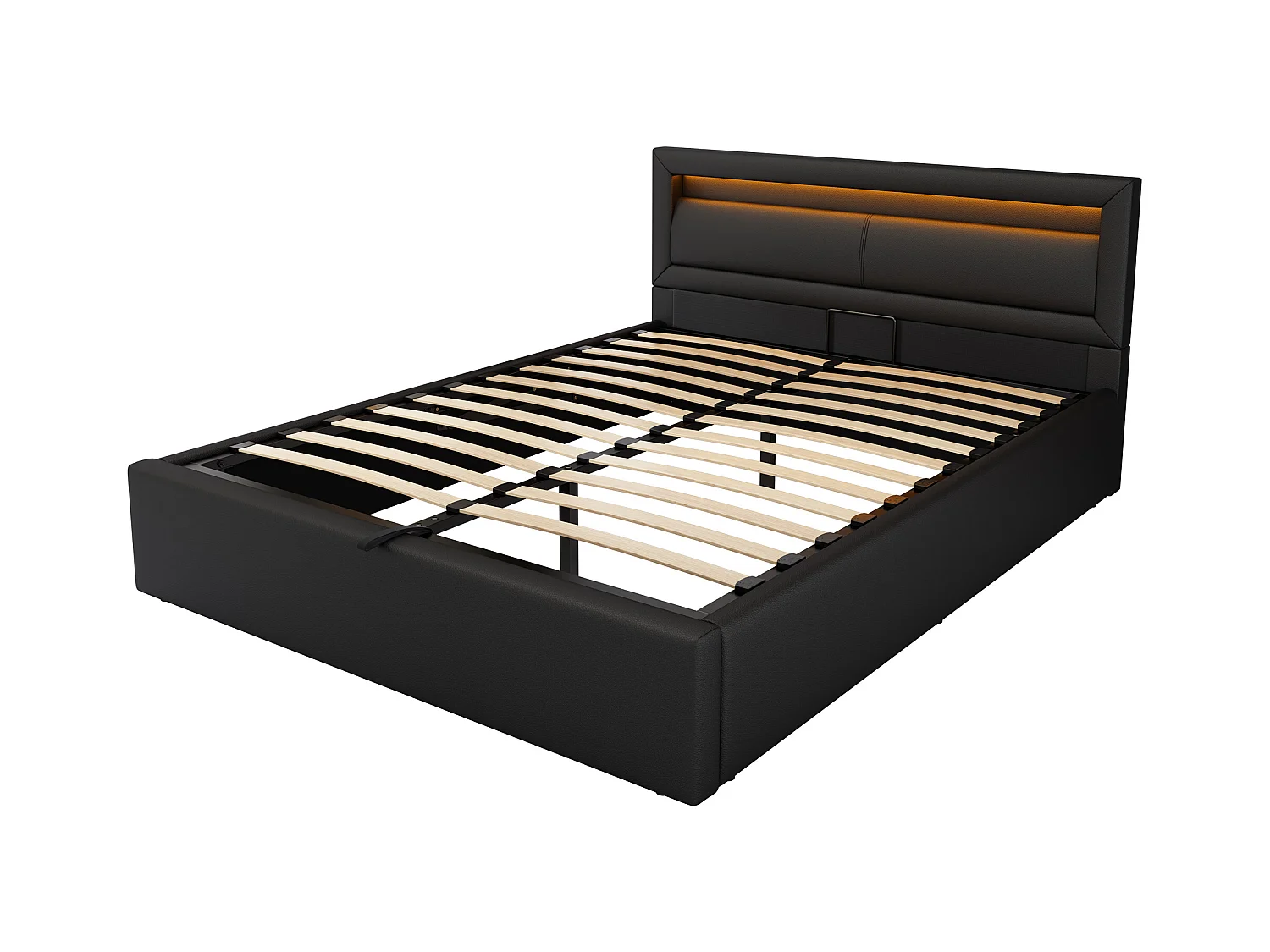 Lit coffre adulte 140x200 cm avec sommier à lattes - tête de lit capitonnée et LED - similicuir - noir (sans matelas)
