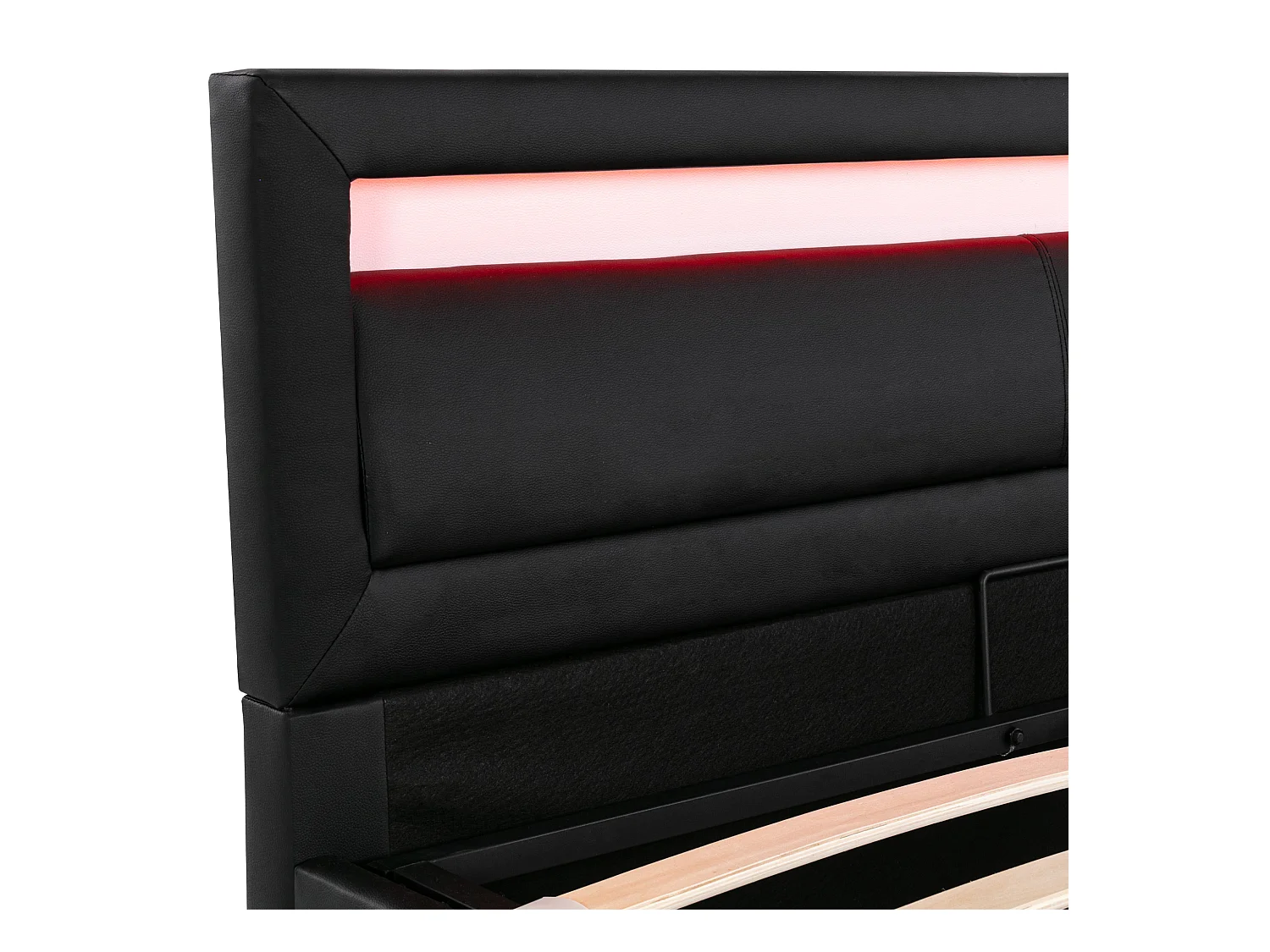 Lit coffre adulte 140x200 cm avec sommier à lattes - tête de lit capitonnée et LED - similicuir - noir (sans matelas)