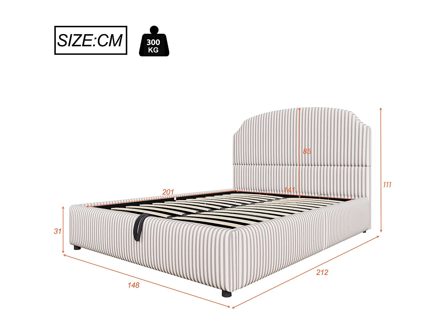 Opbergbed van 140x200 cm met witte gestreepte stof, geschikt voor kinderen en volwassenen (matras niet inbegrepen).