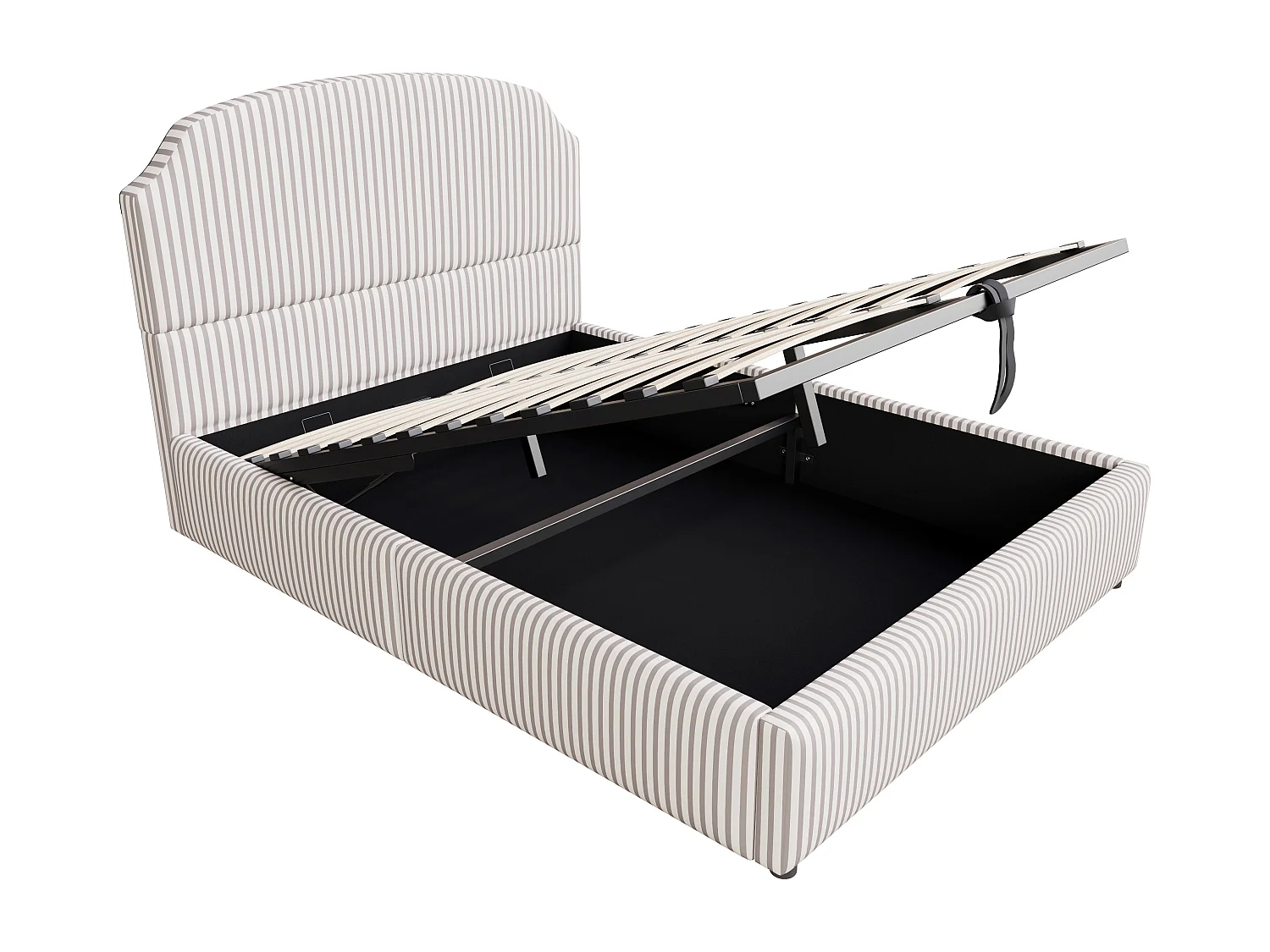 Opbergbed van 140x200 cm met witte gestreepte stof, geschikt voor kinderen en volwassenen (matras niet inbegrepen).