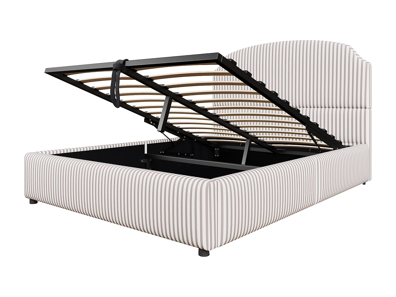 Opbergbed van 140x200 cm met witte gestreepte stof, geschikt voor kinderen en volwassenen (matras niet inbegrepen).