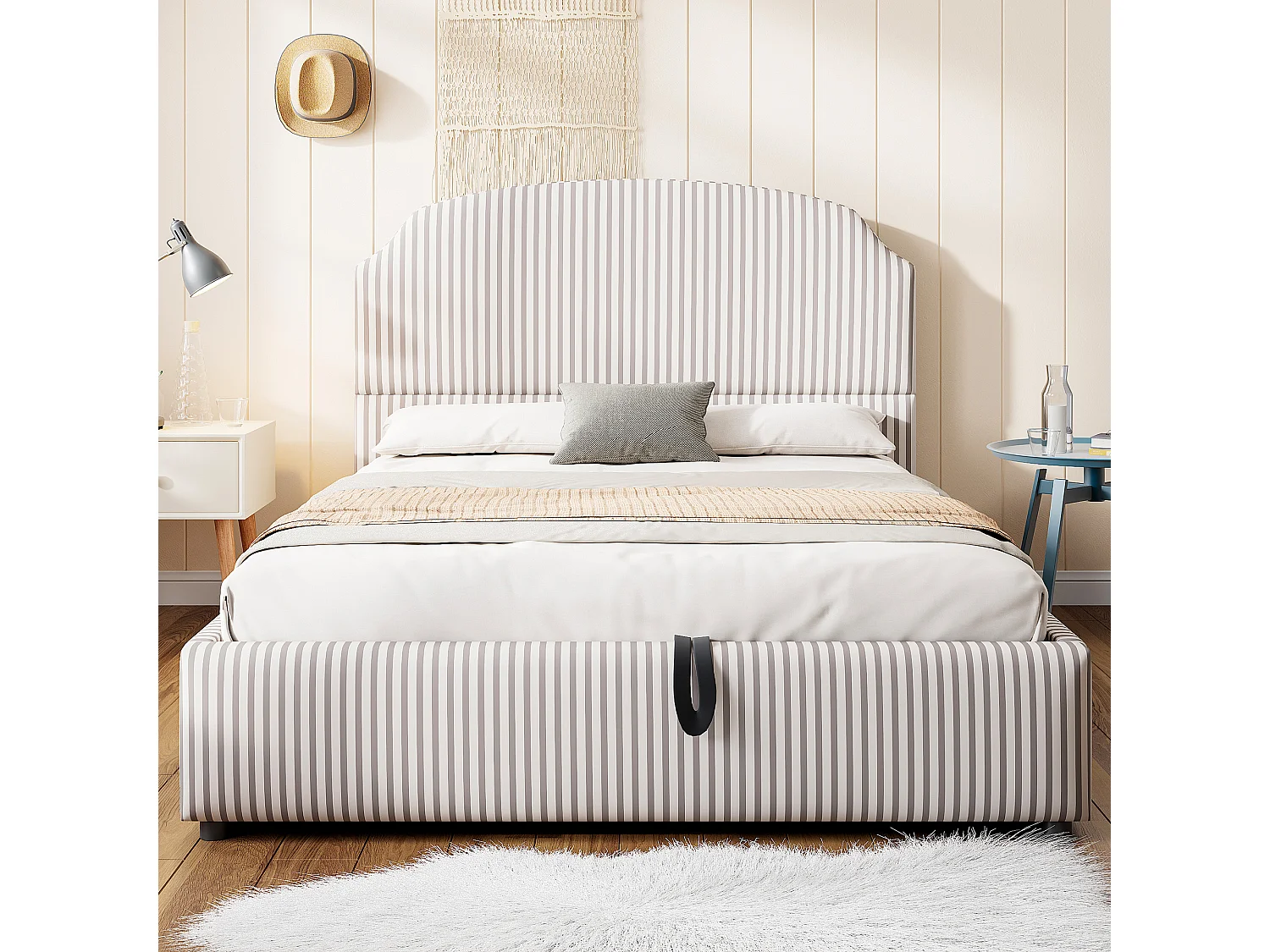 Opbergbed 140x200 cm met grote opbergruimte, met grote gestoffeerde rugleuning, gestreepte gestoffeerde stof, wit en antraciet (zonder matras)