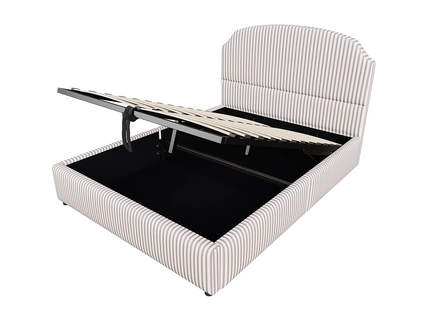 Opbergbed 140x200 cm met grote opbergruimte, met grote gestoffeerde rugleuning, gestreepte gestoffeerde stof, wit en antraciet (zonder matras)