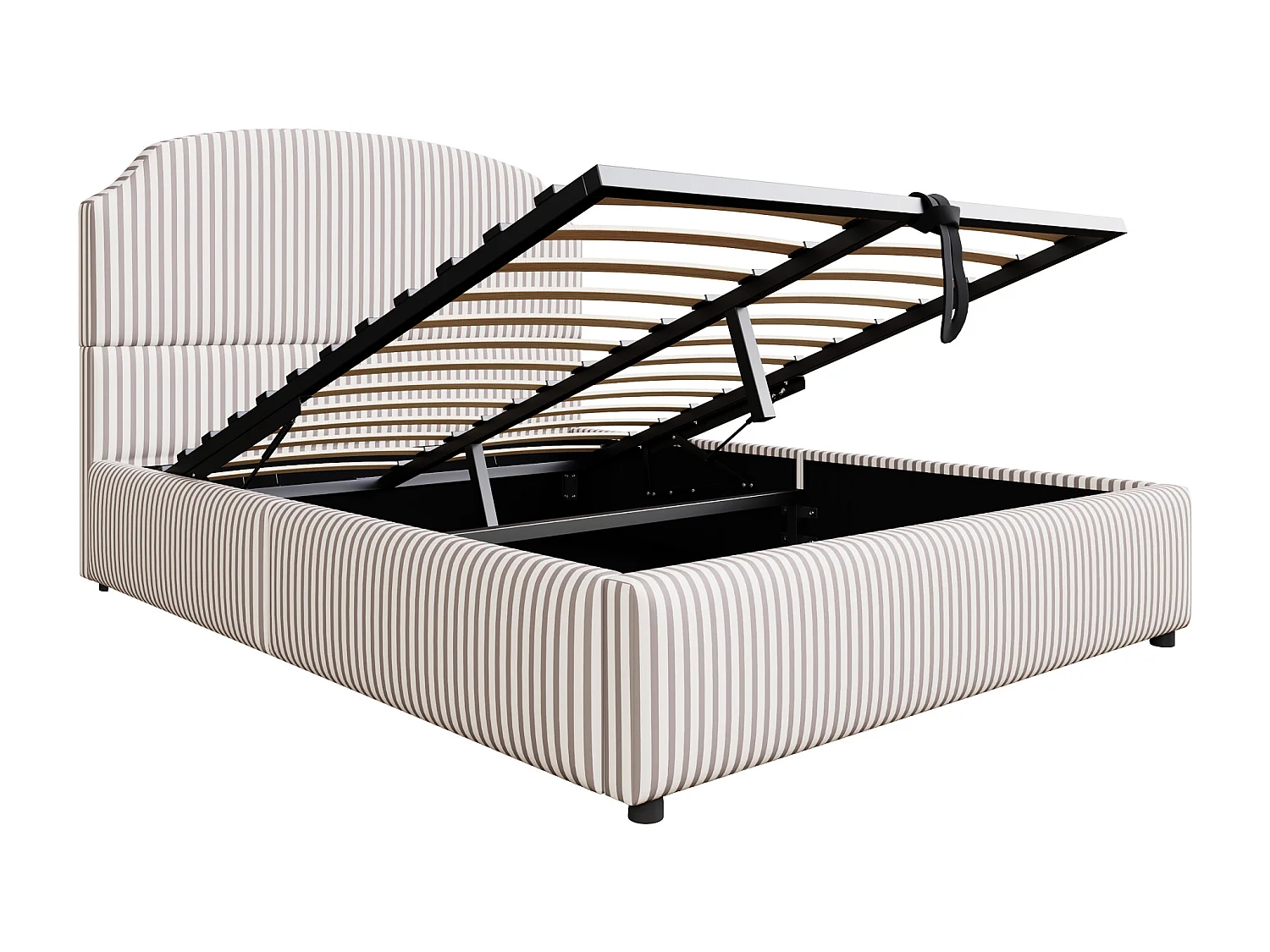 Opbergbed 140x200 cm met grote opbergruimte, met grote gestoffeerde rugleuning, gestreepte gestoffeerde stof, wit en antraciet (zonder matras)