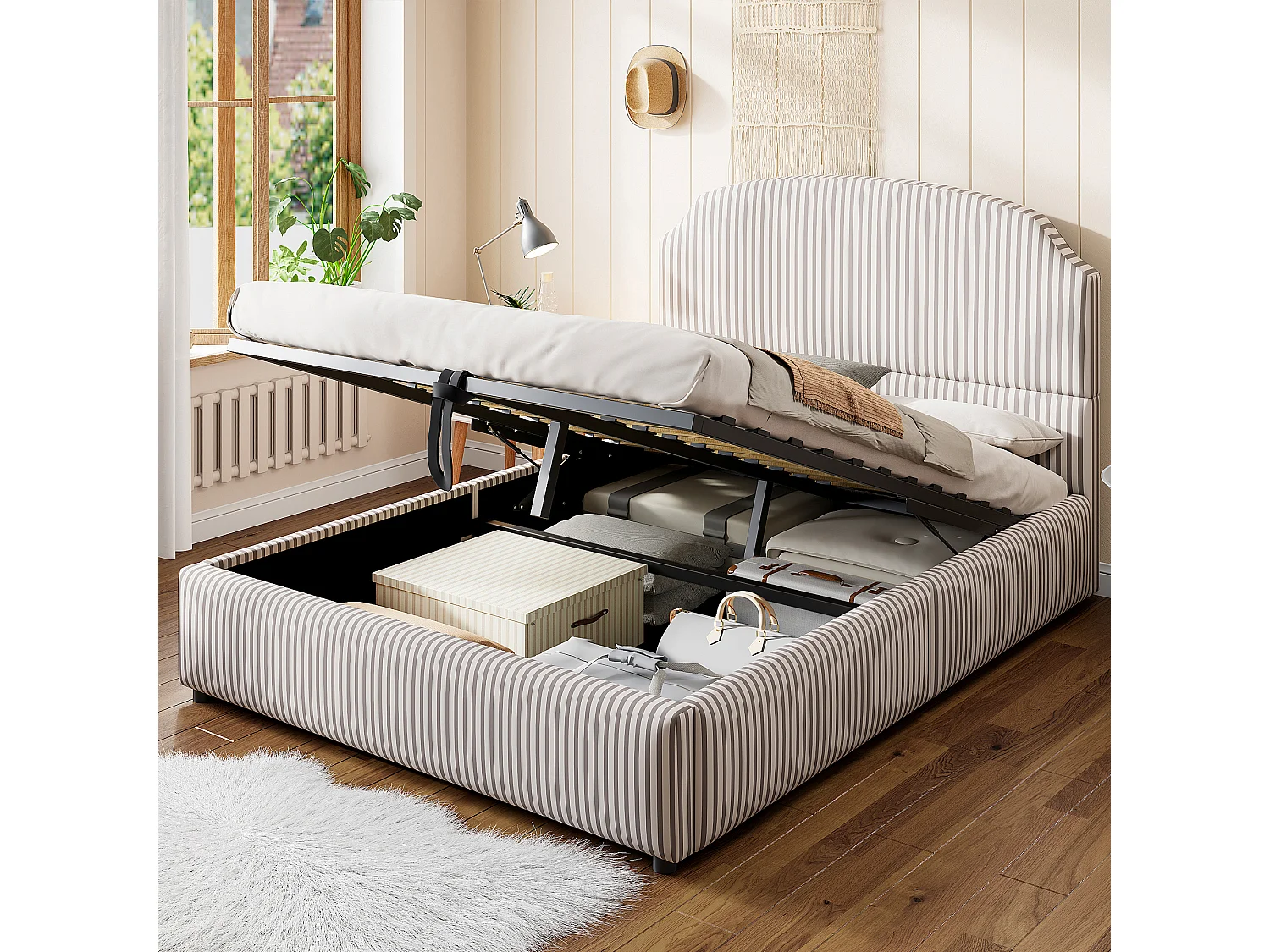 Opbergbed 140x200 cm met grote opbergruimte, met grote gestoffeerde rugleuning, gestreepte gestoffeerde stof, wit en antraciet (zonder matras)