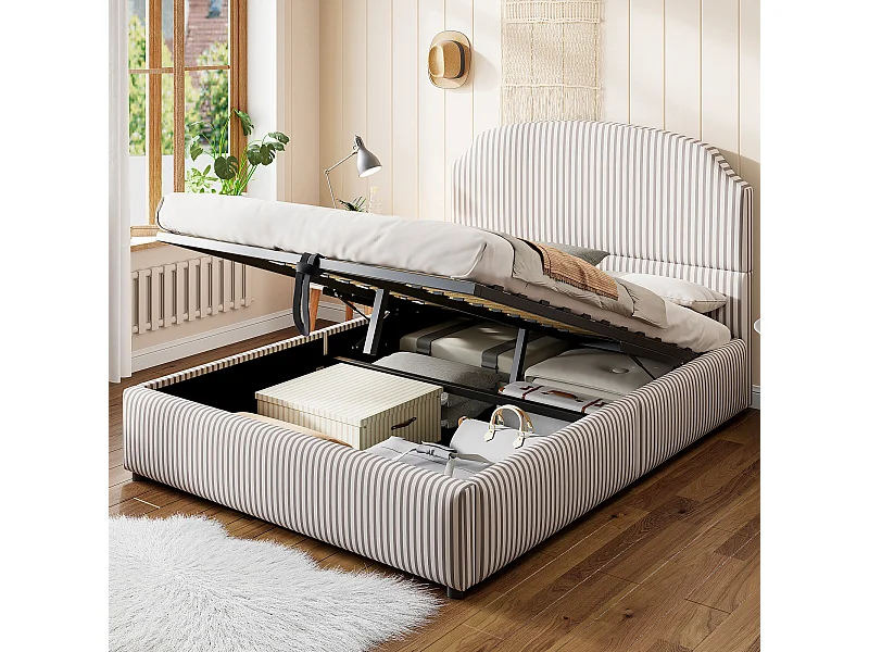 Opbergbed van 140x200 cm met witte gestreepte stof, geschikt voor kinderen en volwassenen (matras niet inbegrepen).