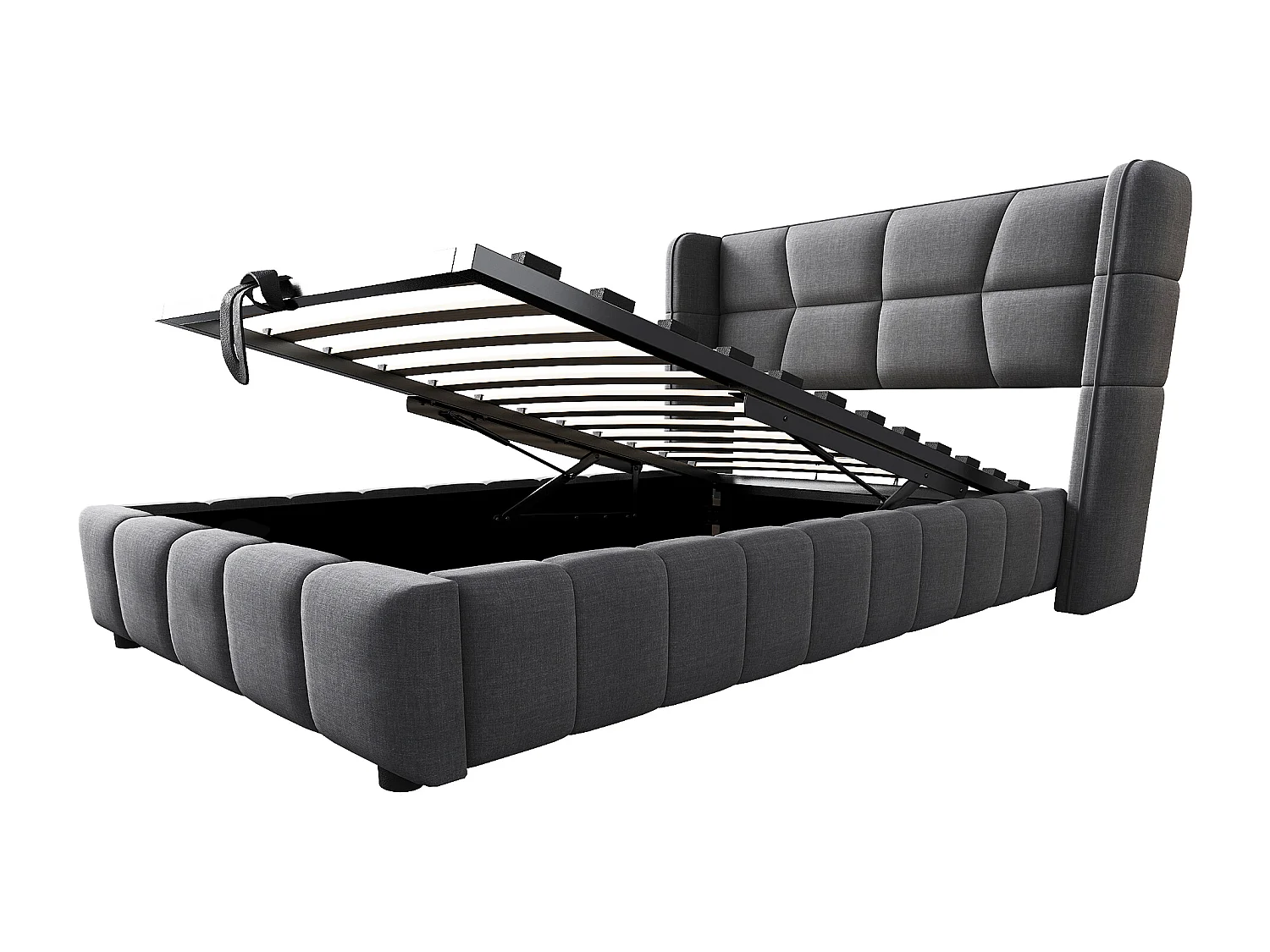 Opbergbed van 90x200 cm met lattenbodem en gewatteerd hoofdbord voor kinderen en tieners in grijs (matras niet inbegrepen)