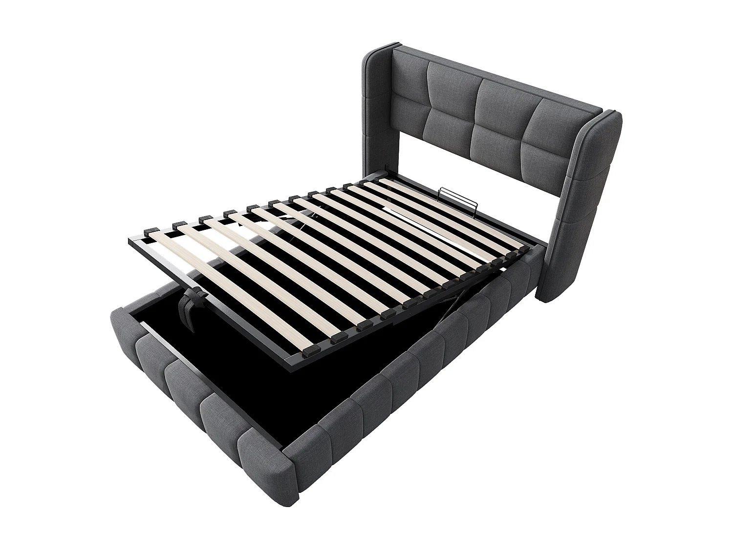 Opbergbed van 90x200 cm met lattenbodem en gewatteerd hoofdbord voor kinderen en tieners in grijs (matras niet inbegrepen)