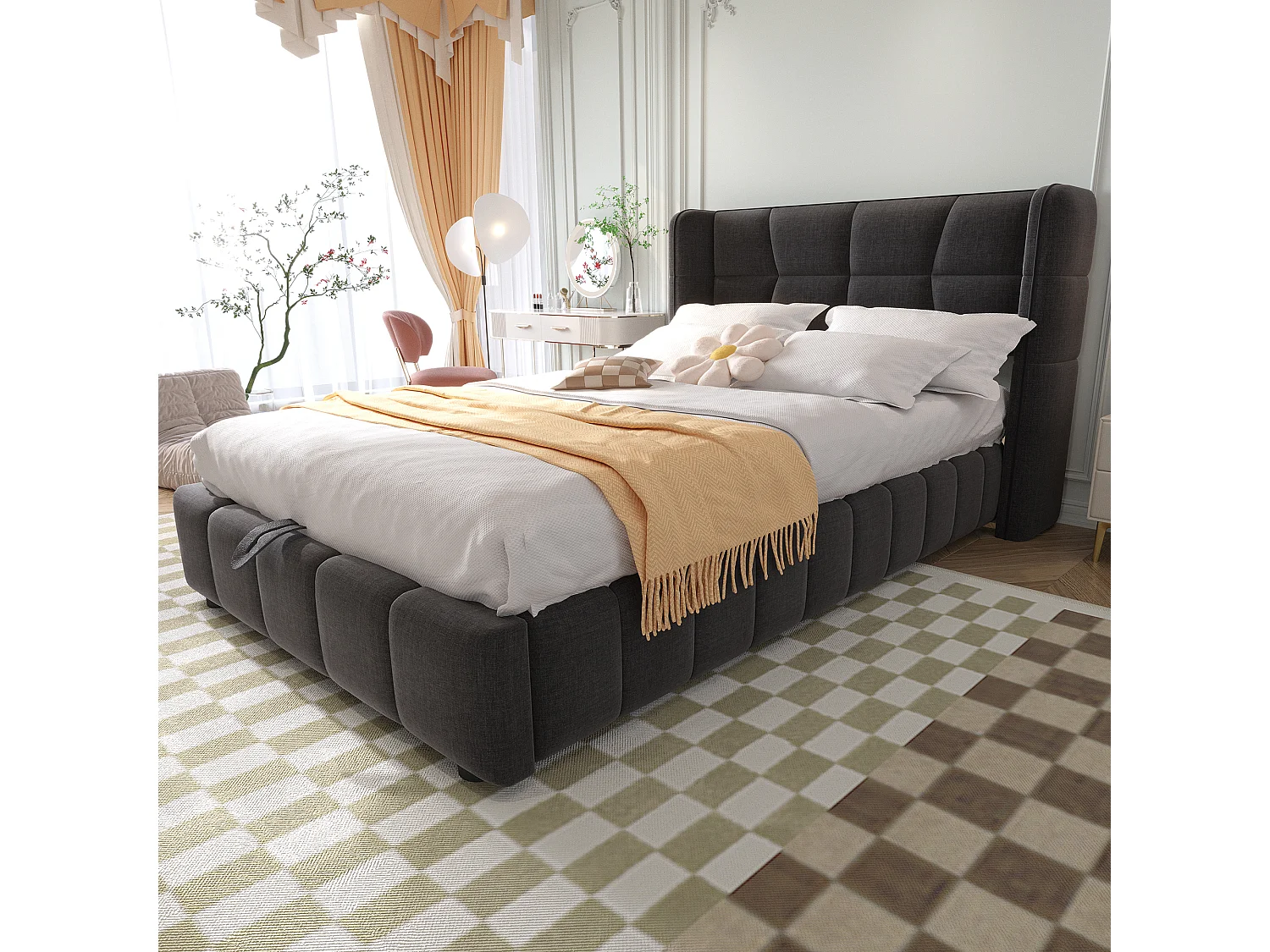 Lit enfant 90x200 cm avec tête de lit, mécanisme de levage rangements intégrés, structure en tissu, gris (Sans matelas)