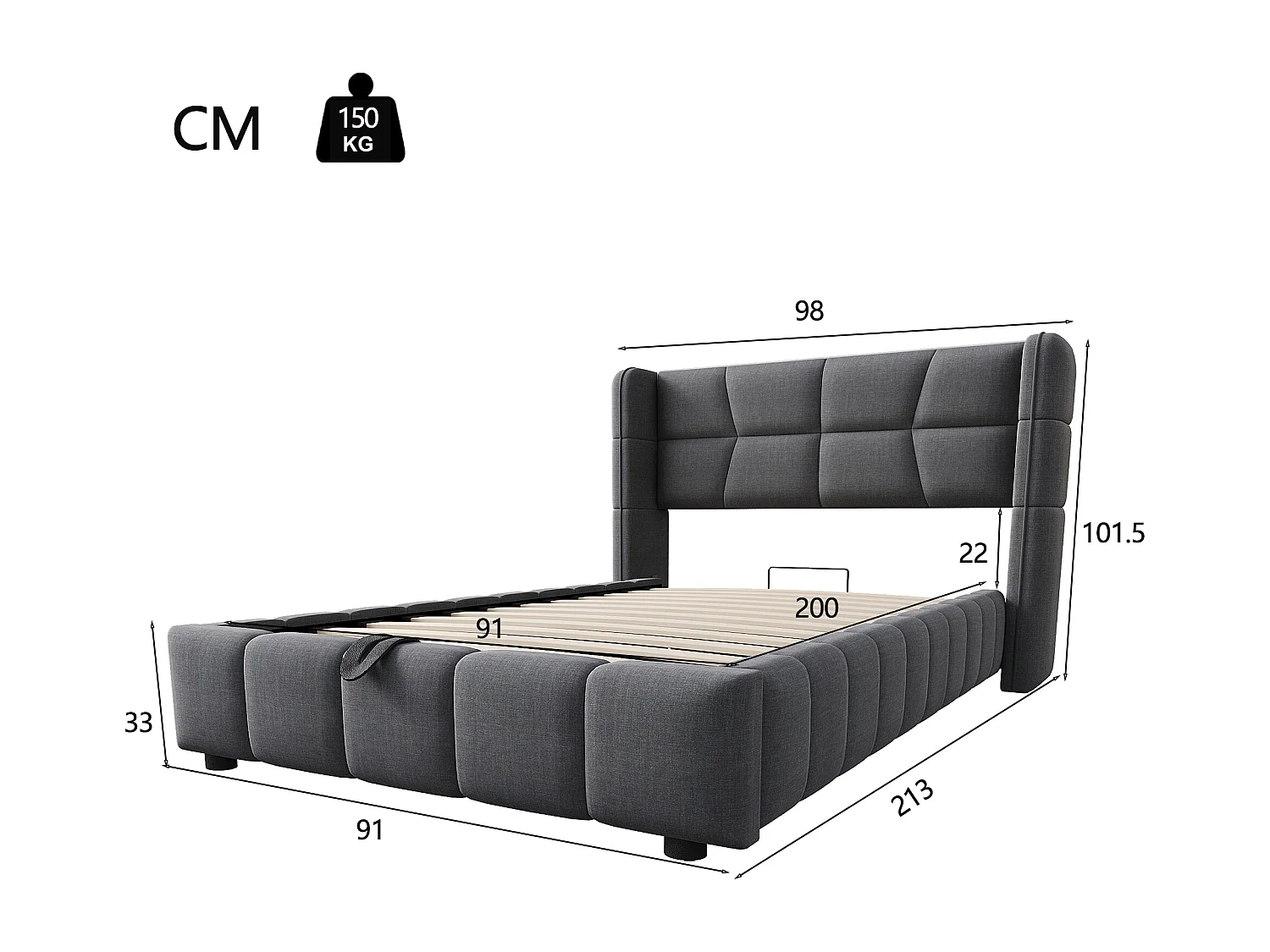 Lit enfant 90x200 cm avec tête de lit, mécanisme de levage rangements intégrés, structure en tissu, gris (Sans matelas)