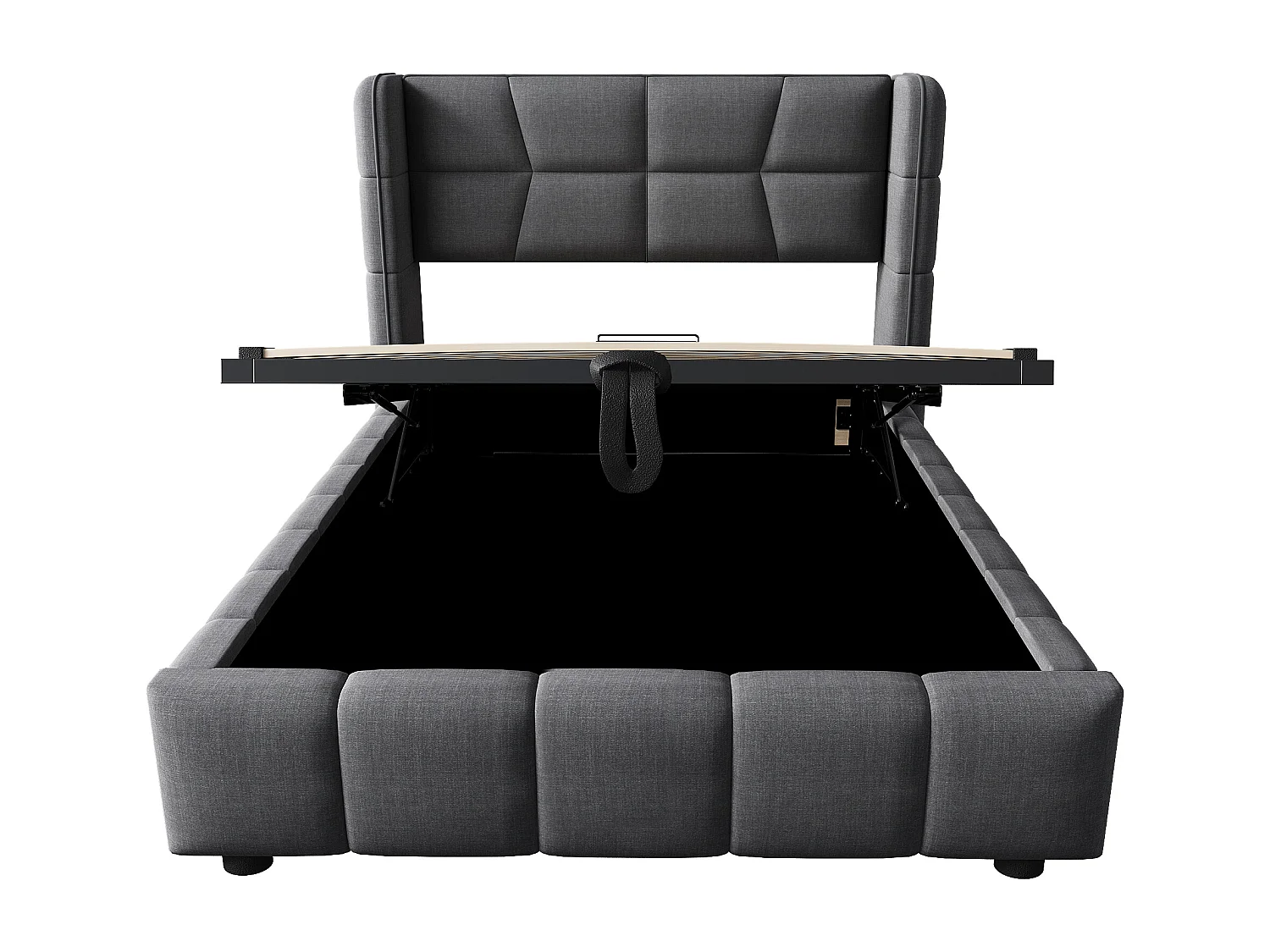 Lit enfant 90x200 cm avec tête de lit, mécanisme de levage rangements intégrés, structure en tissu, gris (Sans matelas)