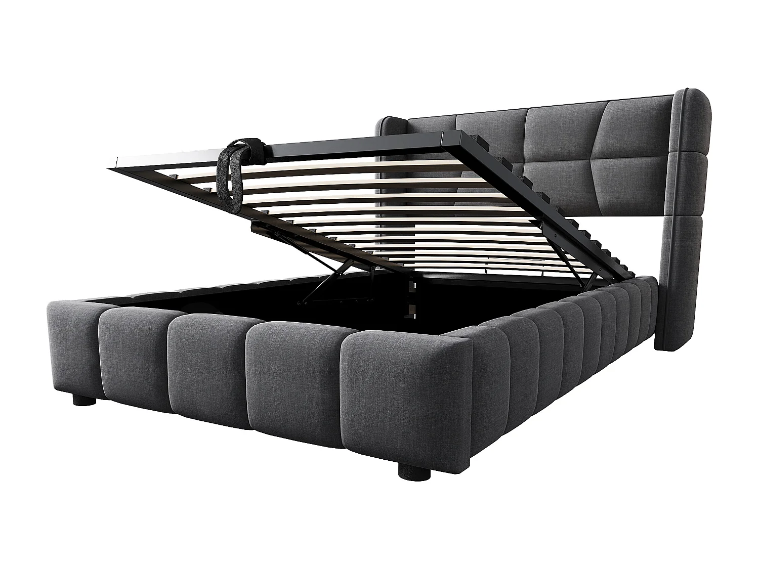 Lit enfant 90x200 cm avec tête de lit, mécanisme de levage rangements intégrés, structure en tissu, gris (Sans matelas)