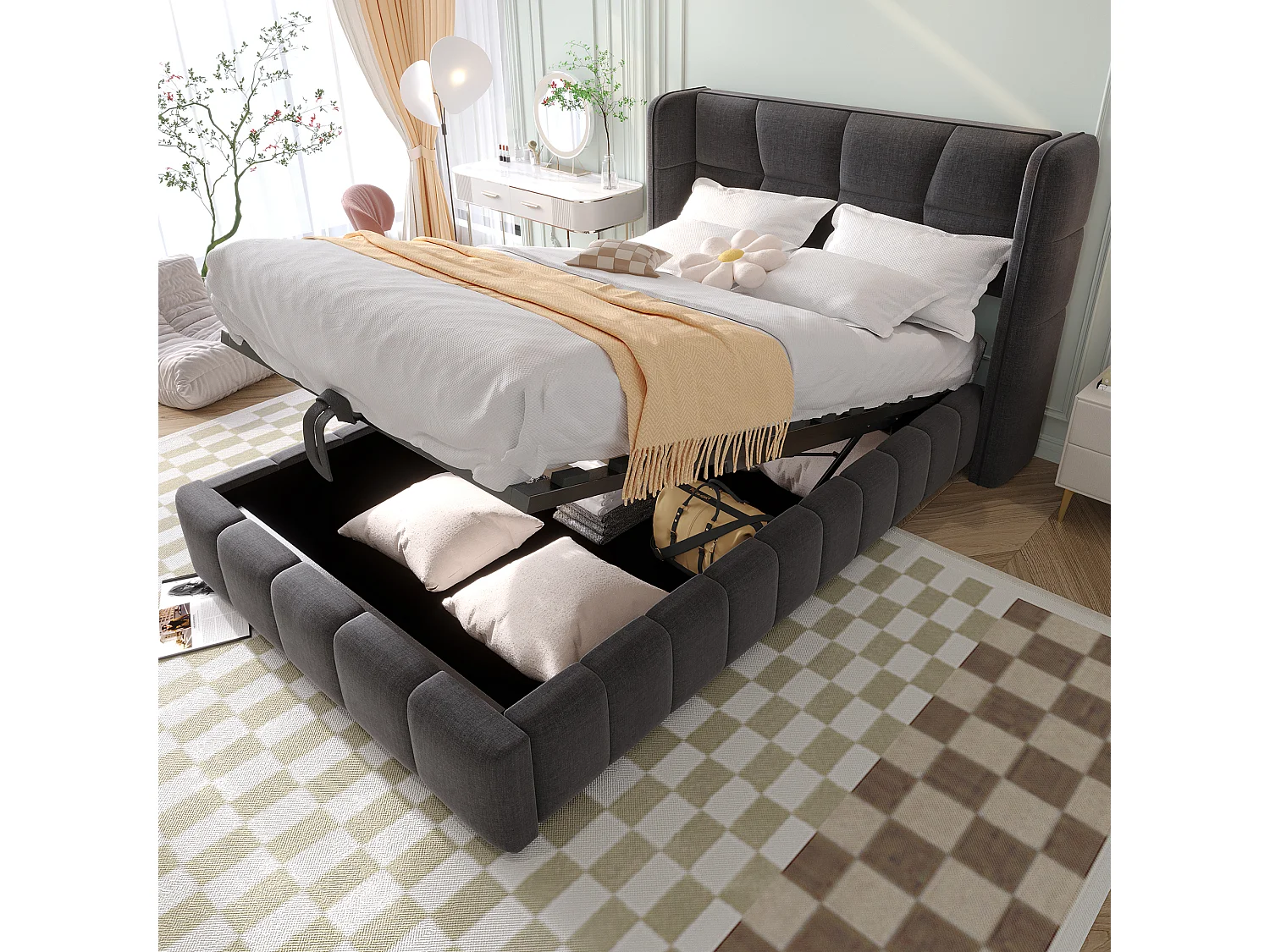 Lit enfant 90x200 cm avec tête de lit, mécanisme de levage rangements intégrés, structure en tissu, gris (Sans matelas)