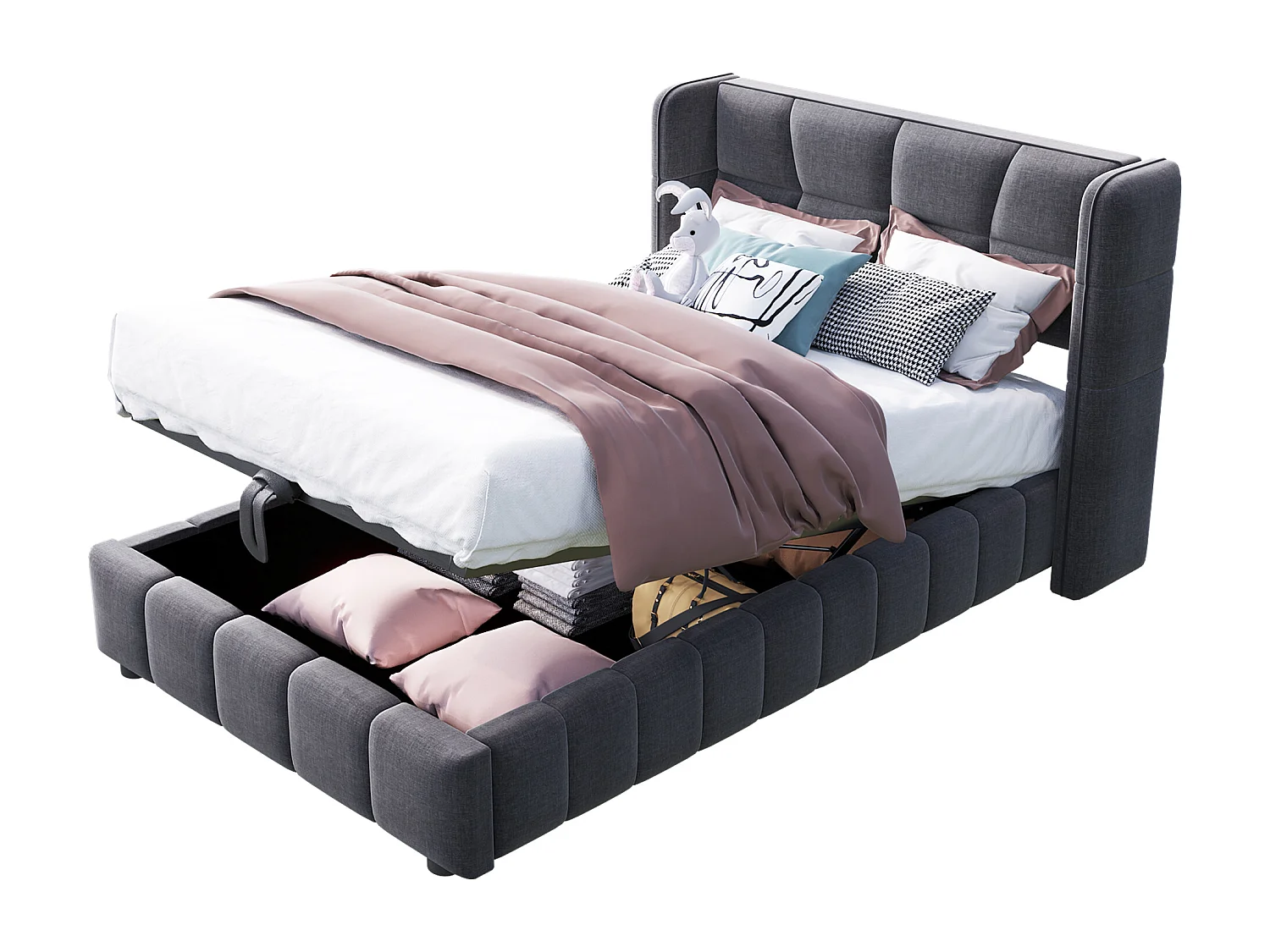 Lit enfant 90x200 cm avec tête de lit, mécanisme de levage rangements intégrés, structure en tissu, gris (Sans matelas)