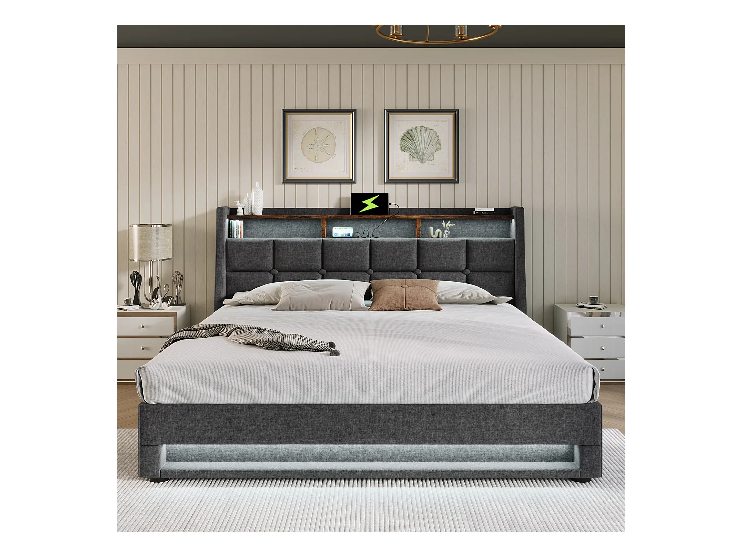 Lit coffre 140x200 cm avec avec sommier - tête de lit capitonnée avec USB et LED - tissu lin - gris (sans matelas)