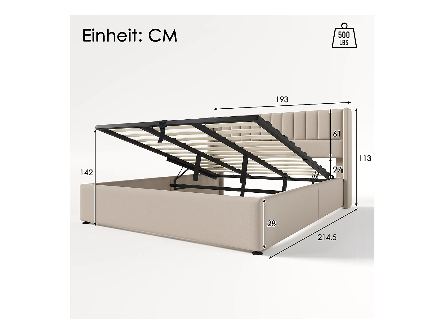 Volwassen opbergbed 180x200 cm met lattenbodem - gestoffeerd hoofdeinde - metalen bedframe - beige linnen (zonder matras)