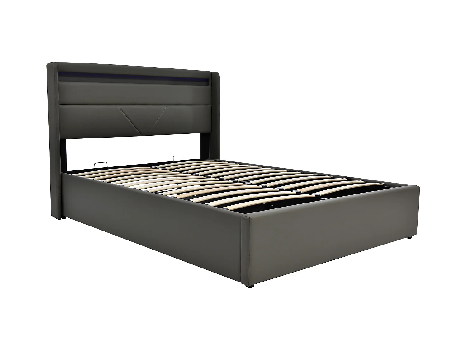 Lit coffre 140x200 cm avec sommier - tête de lit rembourrée avec LED - similicuir gris (sans matelas)
