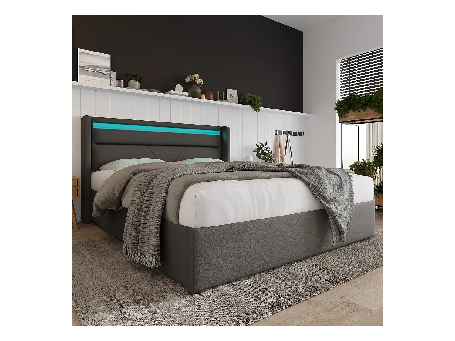 Lit coffre 140x200 cm avec sommier - tête de lit rembourrée avec LED - similicuir gris (sans matelas)