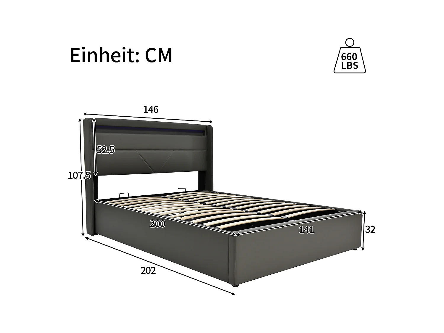 Lit coffre 140x200 cm avec sommier - tête de lit rembourrée avec LED - similicuir gris (sans matelas)