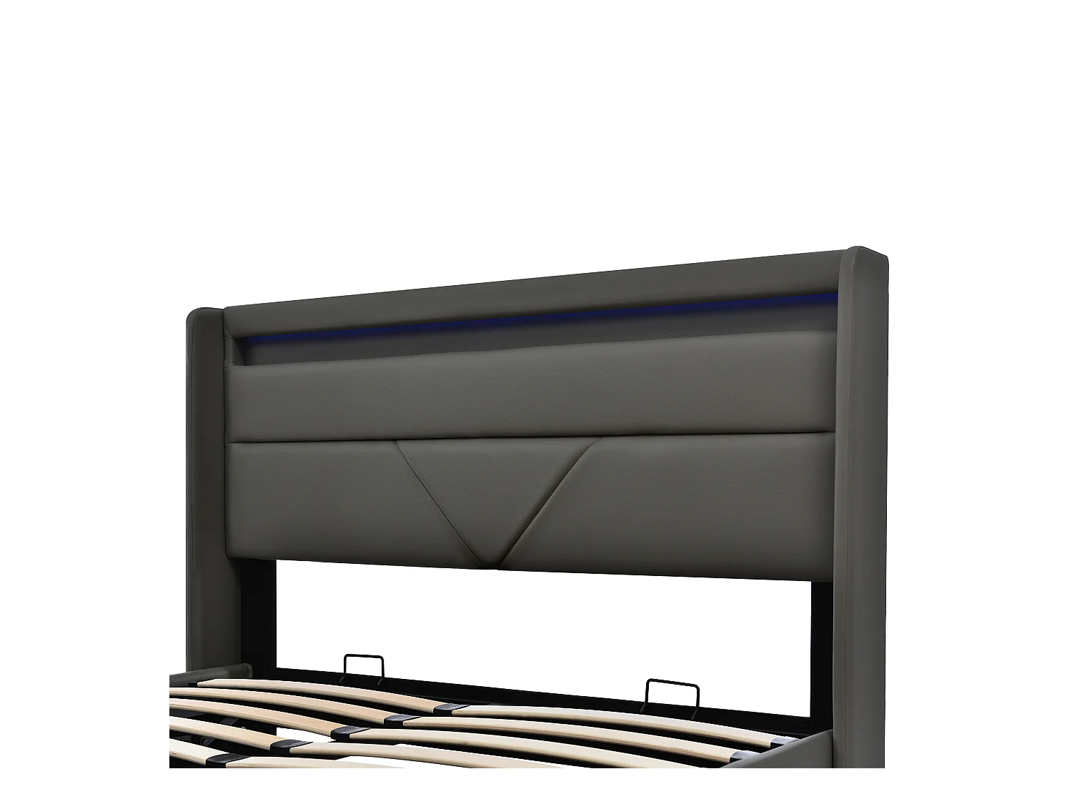 Lit coffre 140x200 cm avec sommier - tête de lit rembourrée avec LED - similicuir gris (sans matelas)